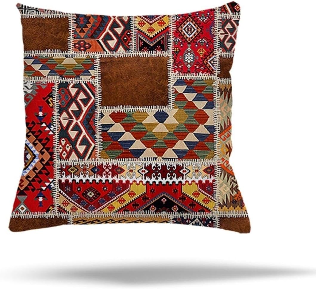 Pelangi Renkli Kilim Etnik Desen Gizli Fermuarlı Yastık Kılıfı Kırlent Kılıfı Koltuk Yastık Kılıfı, Kırmızı Kahverengi 45 x 45