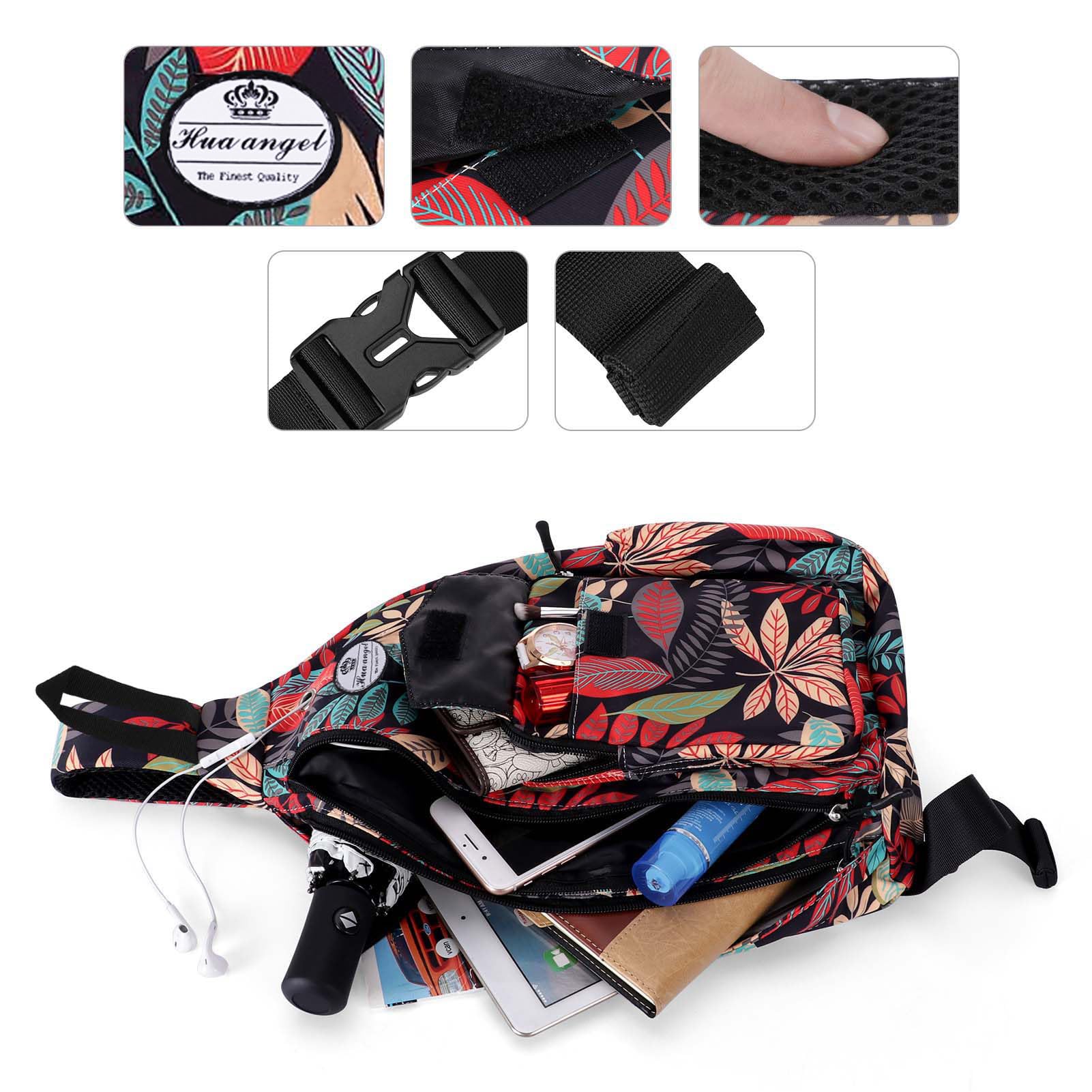 HUA ANGEL Sac Poitrine Homme Femme ave Bandoulière & Multi Poches Léger Petit Sac de Sport en Nylon Sac Bandoulière à Dos Anti-vol pour Voyage Travail Cyclisme Moto Running Gym Pickleball
