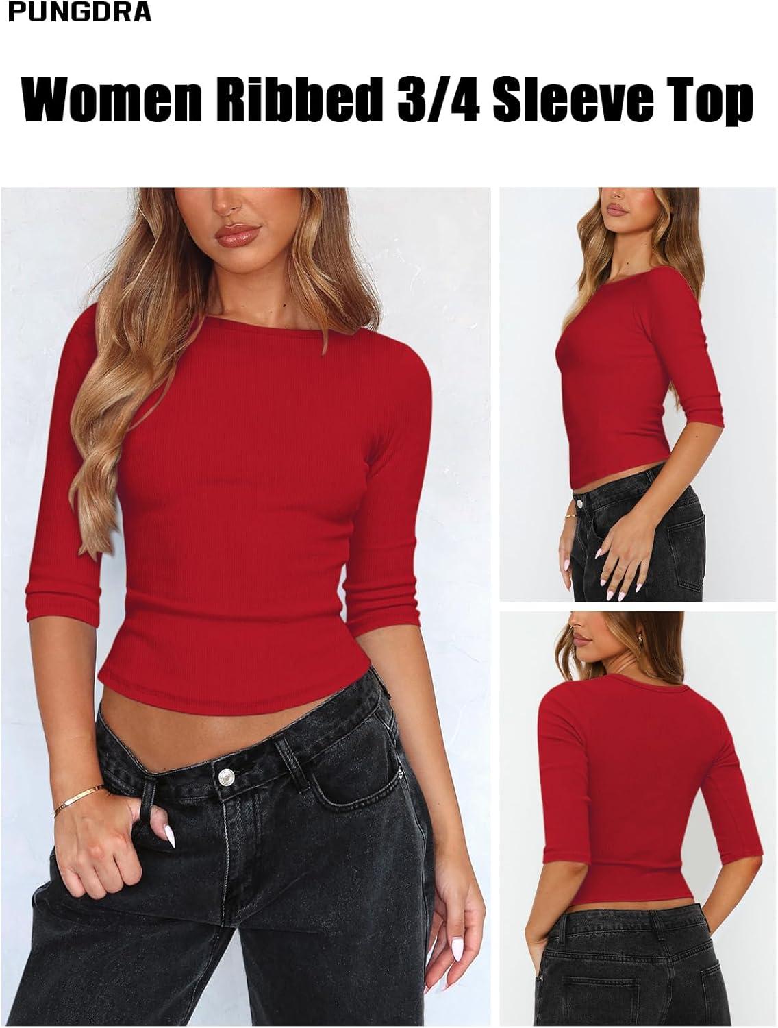Womens 3/4 Sleeve Boat Neck Tops for Women Ribbed Knit Slim Fit Plain T Shirts Cropped Basics Essentials Clothing - Image 2