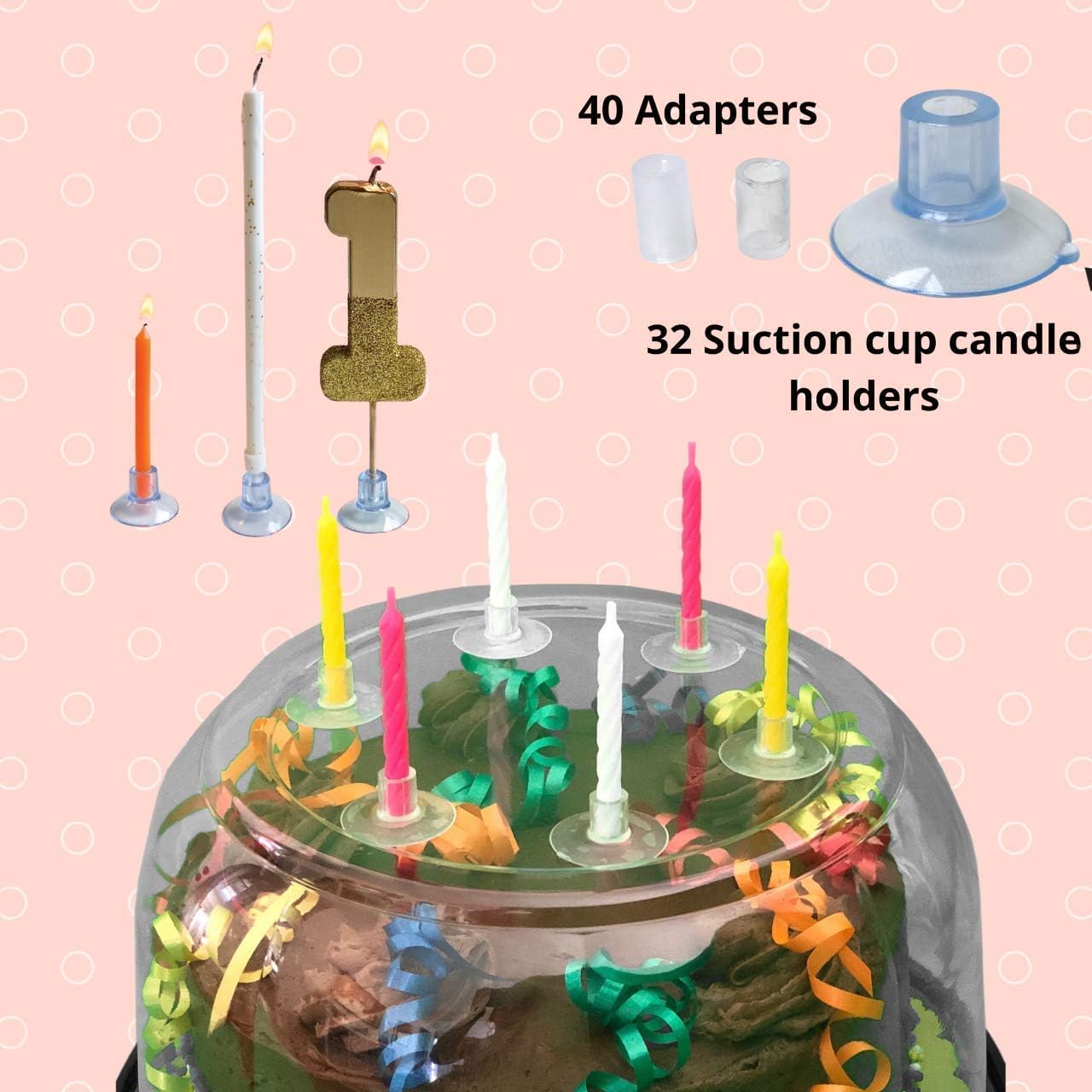 Birthday Suction Cup Holders - Easily Stick to Any Cake Cover, Washable and Reusable 32 Holders & Adapters image 3