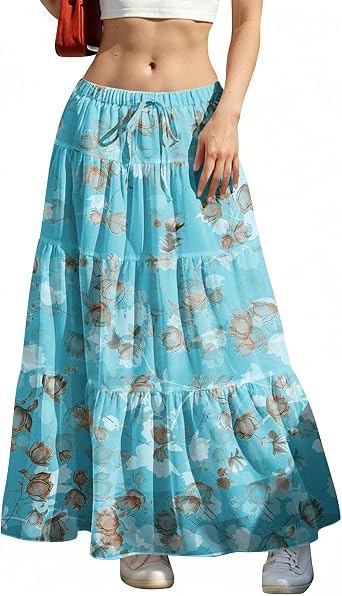 Women Maxi Skirt Chiffon Floral Flowy Long Skirts Summer Boho Pleated Skirts A Line Ruffle Skirt Vacation Outfits
