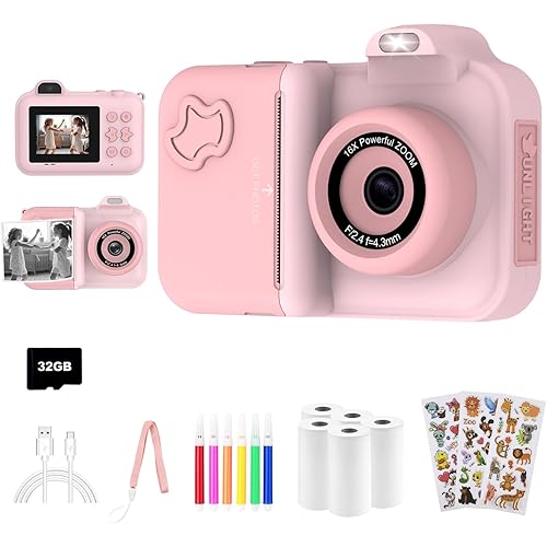 Kids Camera Instant Print, Christmas Birthday Gifts Toys for Girls Boys Age 4 5 6 7 8 9 10 11 12 Years Old,1080P HD Dual Lens Selfie Digital Camera with 5 Rolls Print Paper Stickers Pens 32G Card