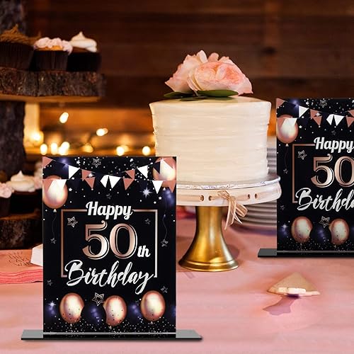 Miniatura 6 de LINGTEER Decoración de cumpleaños, soporte para globos, centros de mesa de acrílico, póster impreso de feliz 50 cumpleaños, centros de mesa de