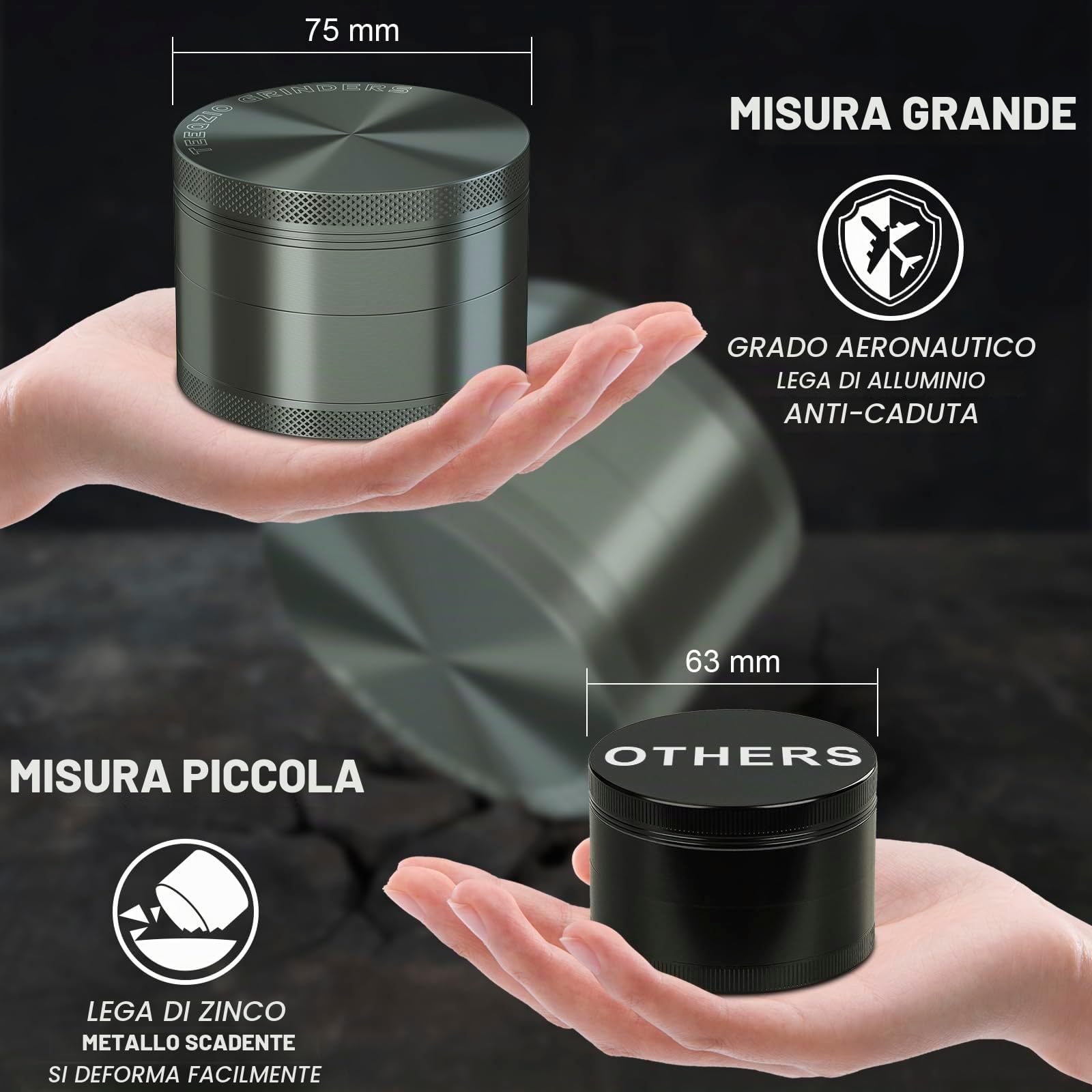 Spezie Erbe Grinder Polline Grinder Crusher Ø 75 mm in Lega di Alluminio - 4 Parti - Denti a Diamante, per Spezie, Erbe, Caffè con Raschietto & Spazzola (Grigio)