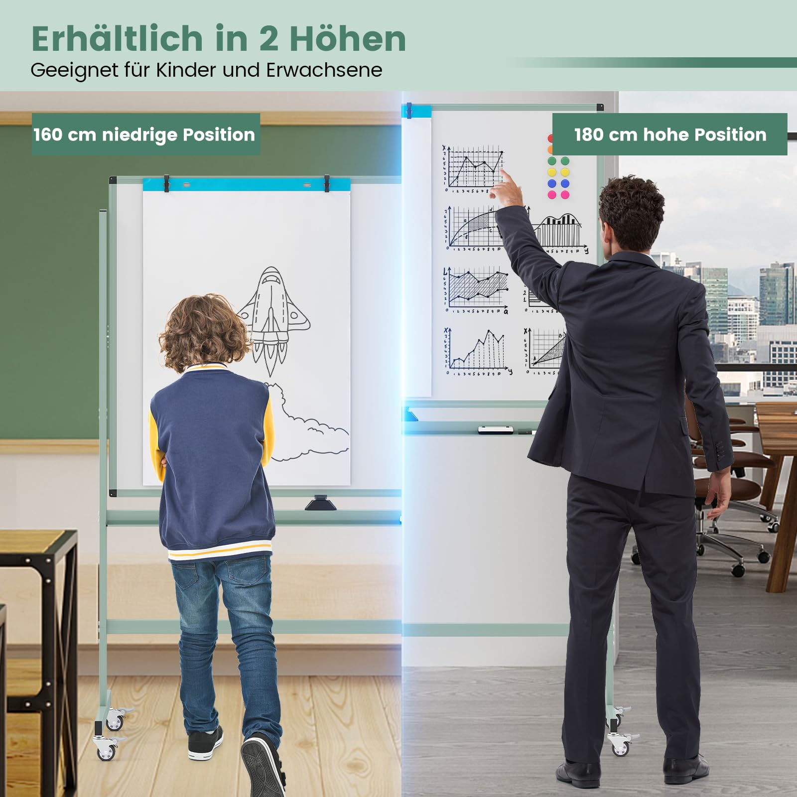 GOPLUS 120x90cm Mobiles Whiteboard mit Ständer & Flipchart, Höhenverstellbares doppelseitiges Whiteboard mit abschließbaren Rollen, um 360° drehbare magnetische Tafel mit Alurahmen & Zubehör(Grün)