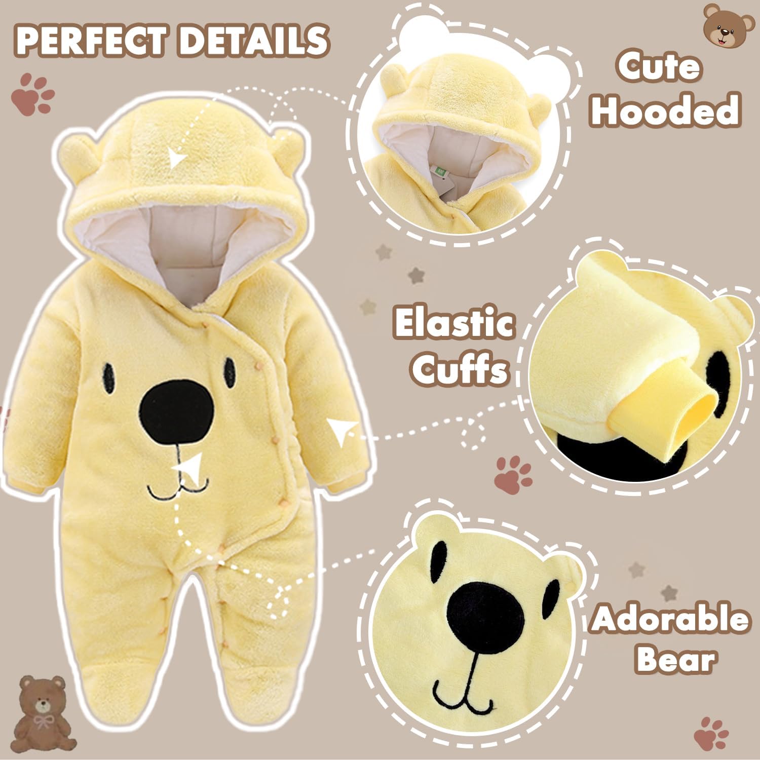 Fairy Baby Newborn Baby Snowsuit Bear Outfit Footie Romper Winter Thick Fleece Jumpsuit Infant Coat for Girls Boys 0-12M - Image 2