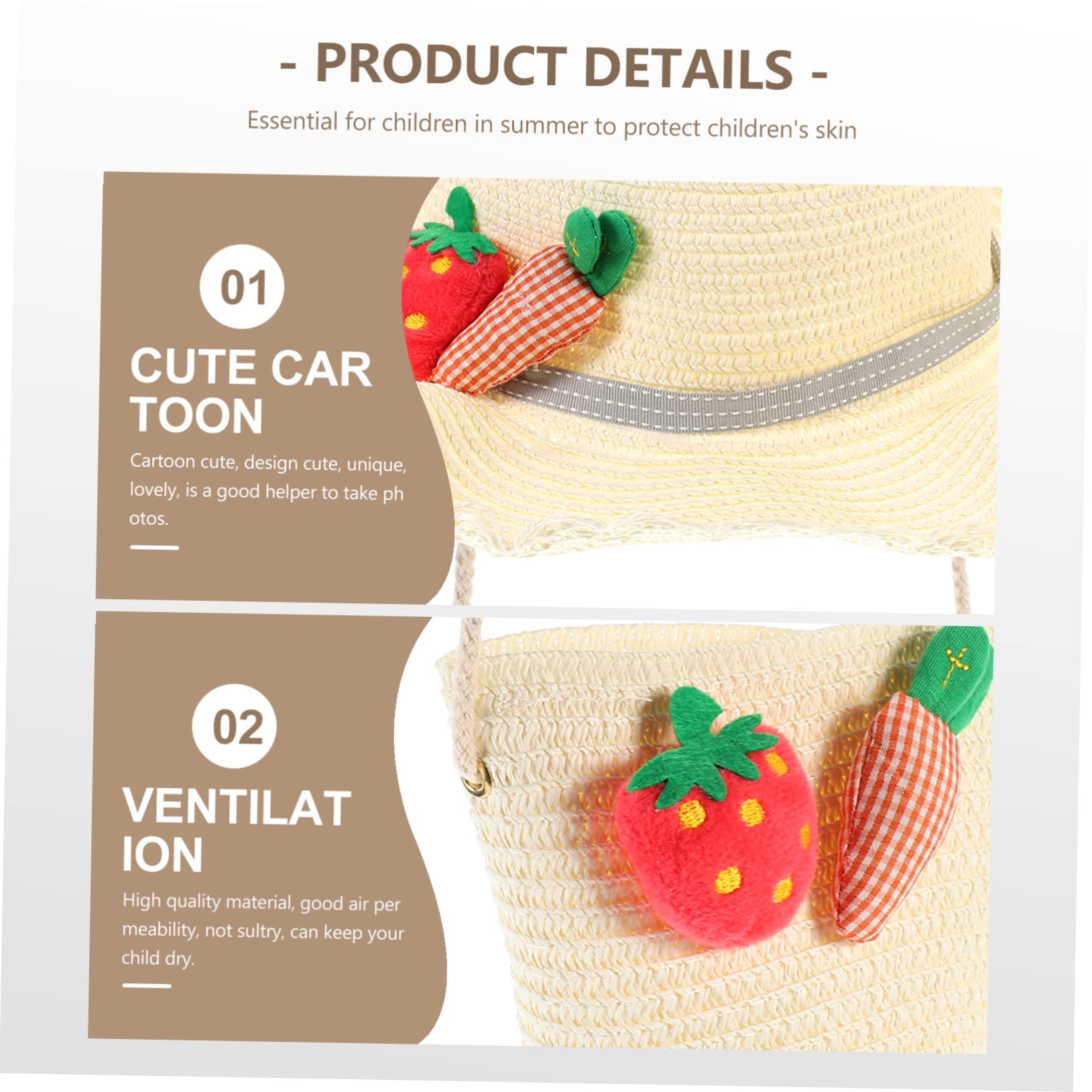 Sombrero de Paja para Niños 1 Set, Paja Beige, Estilo Lovely | Bolsa de Paja para Niños, Decoraciones de Zanahoria y Fresa, Celebracion Verano, para Viajar y Trabajar