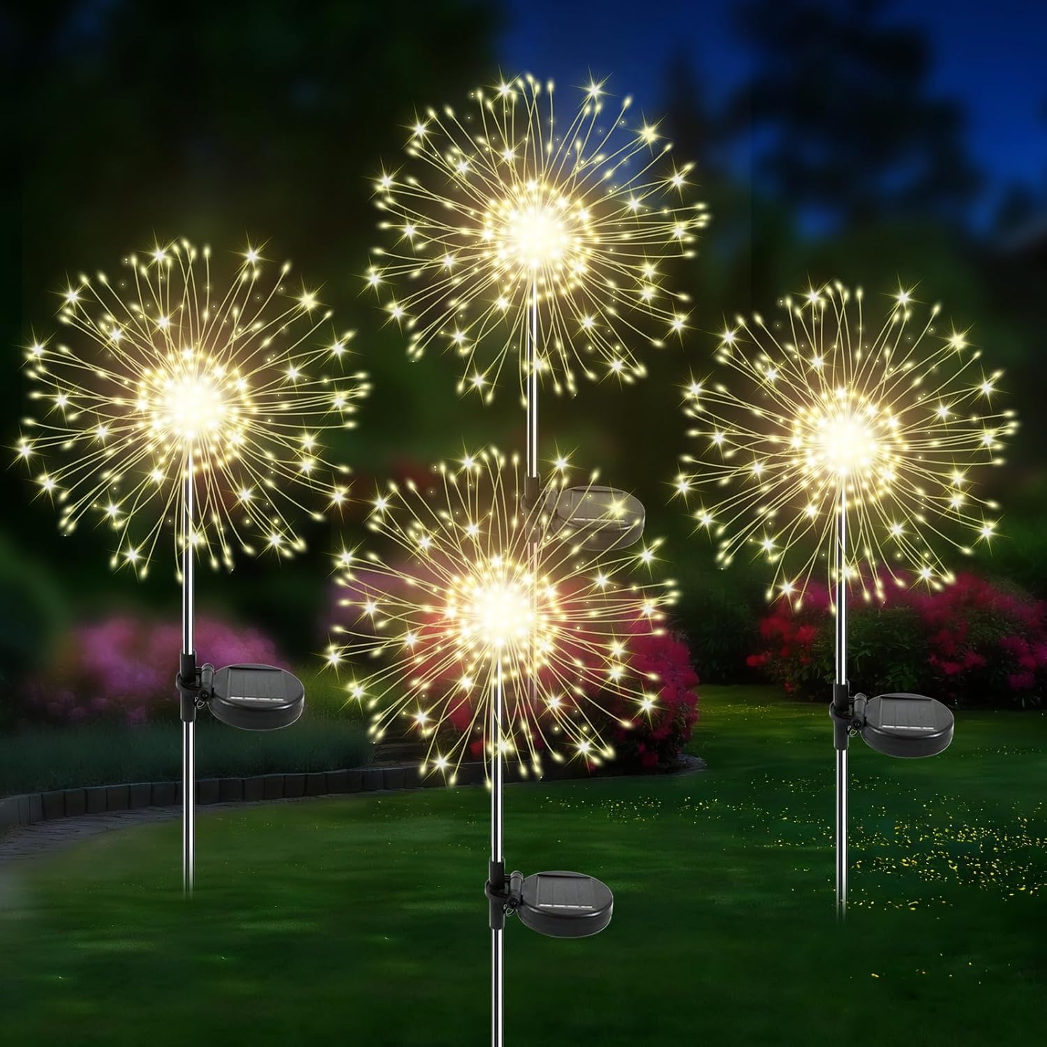 Solar Garden Lights Outdoor, 4 Pack 120 LED Twinkling Firework Lights Decorative with 2 Modes, Outdoor Waterproof Solar Starburst Light for Yard Pathway Planter Patio Decor, Warm White