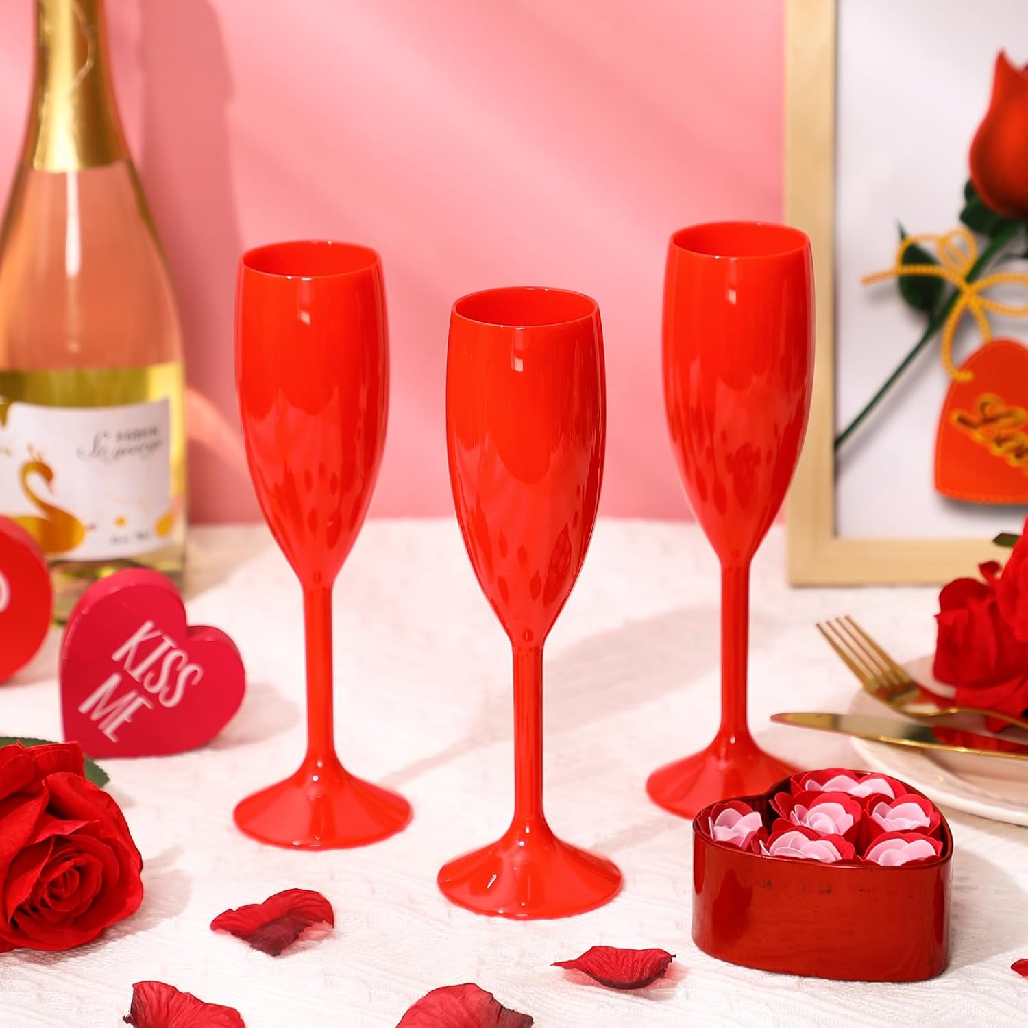 Domensi 40 Pcs Valentine's Day Red Champagne Flutes Bulk 6 oz Acrylic Wine Glasses Toasting Goblet Unbreakable Plastic High Stem Champagne Cups for Wedding Birthday Party - Image 6