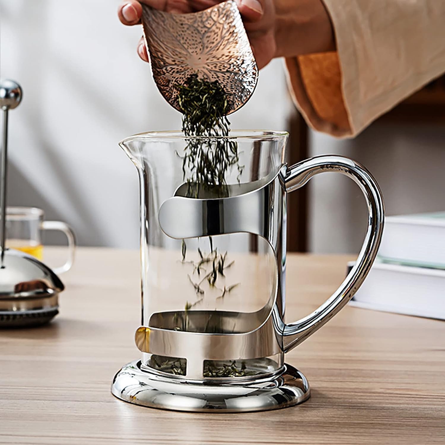 Cafetera grande,cafetera de viaje,Premium Manual 1 taza Cafetera a presión francesa Tetera de vidrio Tetera de acero inoxidable resistente al calor