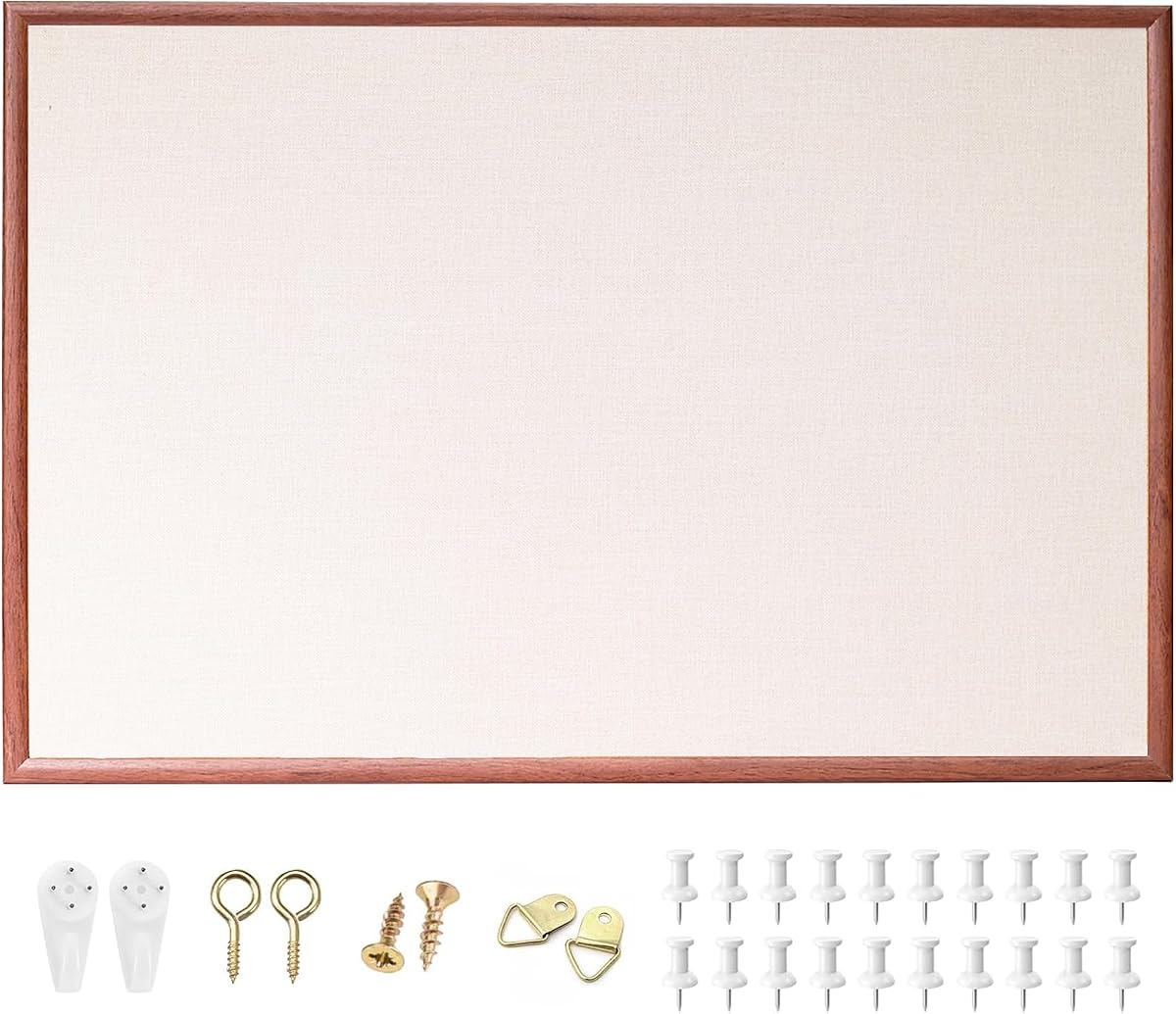 24'' x 36'' Large Linen Bulletin Board, Cork Board for Walls, Walnut Wood Style Frame, Vision Board, Pin Wood, Ideal for Shool, Home and Office