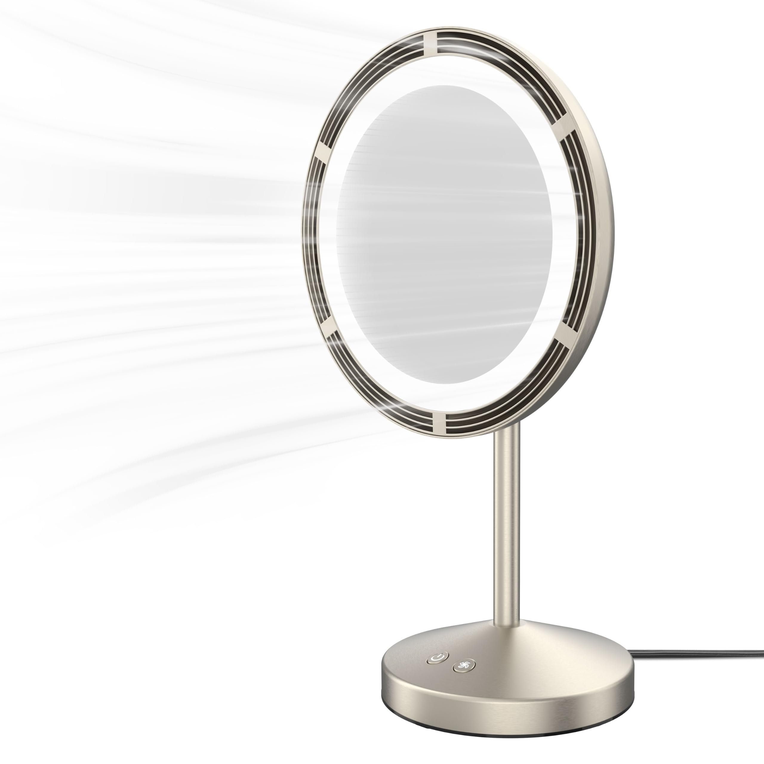 Conair Espejo de Maquillaje con Ventilador Iluminado LED con Aumento de Manchas, Espejo de Maquillaje con luz y Ventilador con 3 ajustes, área de visualización de 15 cm, Acabado de níquel Satinado | Ventilador integrado e iluminación LED de por vida con a