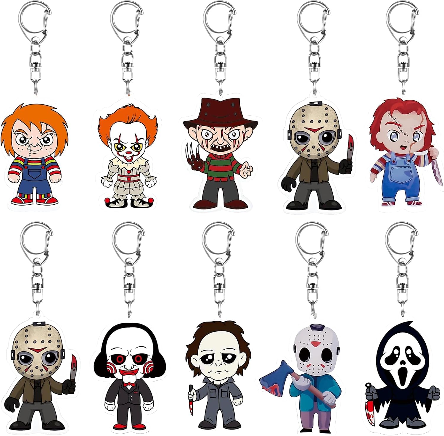 TeePolly 10 Packs Horror Keychain Halloween Horror Keychains Bulk, Halloween Horror Key Chains Gifts for Wallets Backpack Accessories