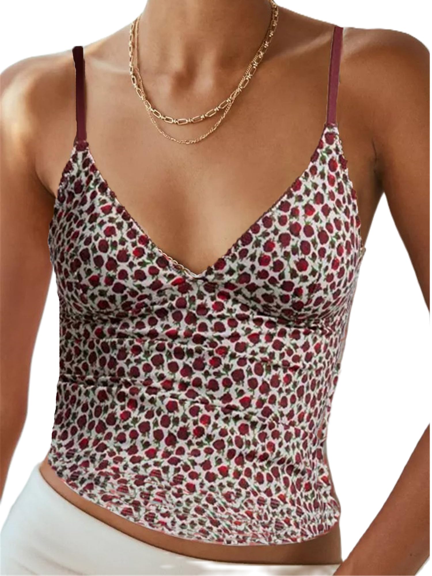 YILEEGOO Women Spaghetti Strap V Neck Camisole Casual Slim Fit Lace Trim Crop Tank Tops Polka Dots/Floral/Plaid Print Backless Vest Tops (Red Floral, S)