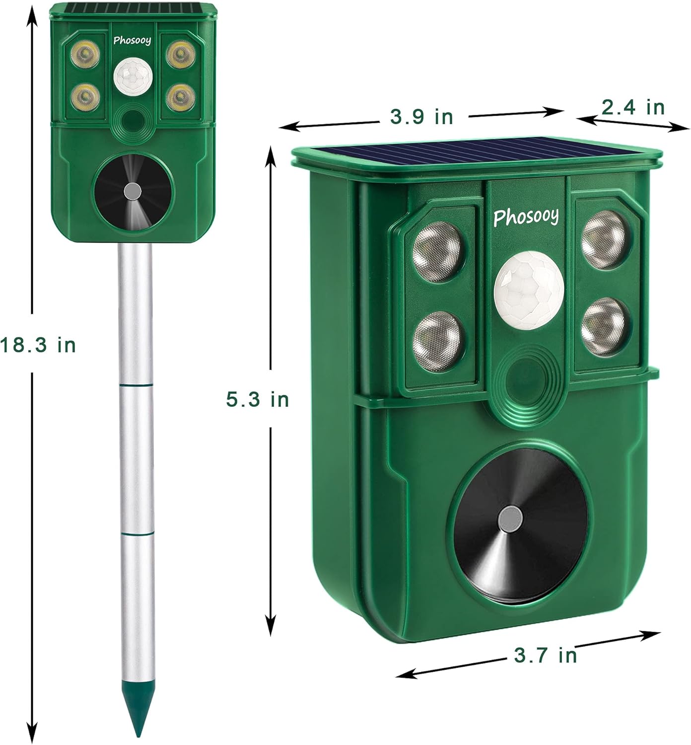 Phosooy Ultrasonic Animal Repeller, IP44 Waterproof Solar Powered Rodent Repeller with PIR Motion Activated Flashing LED Light, Repel Dogs, Cat, Squirrels, Raccoon, Rabbit, Skunks, Wild Boars Outdoor : Patio, Lawn & Garden