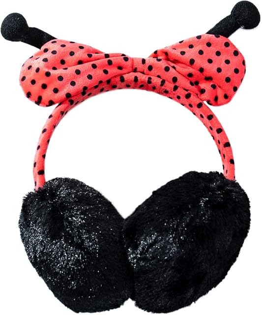 MISS NELLA kids LADYBIRD EAR MUFFS  the perfect winter ear warmers for toddlers. Fluffy ladybird Design Earmuffs. Children's Plush Ear Protectors.