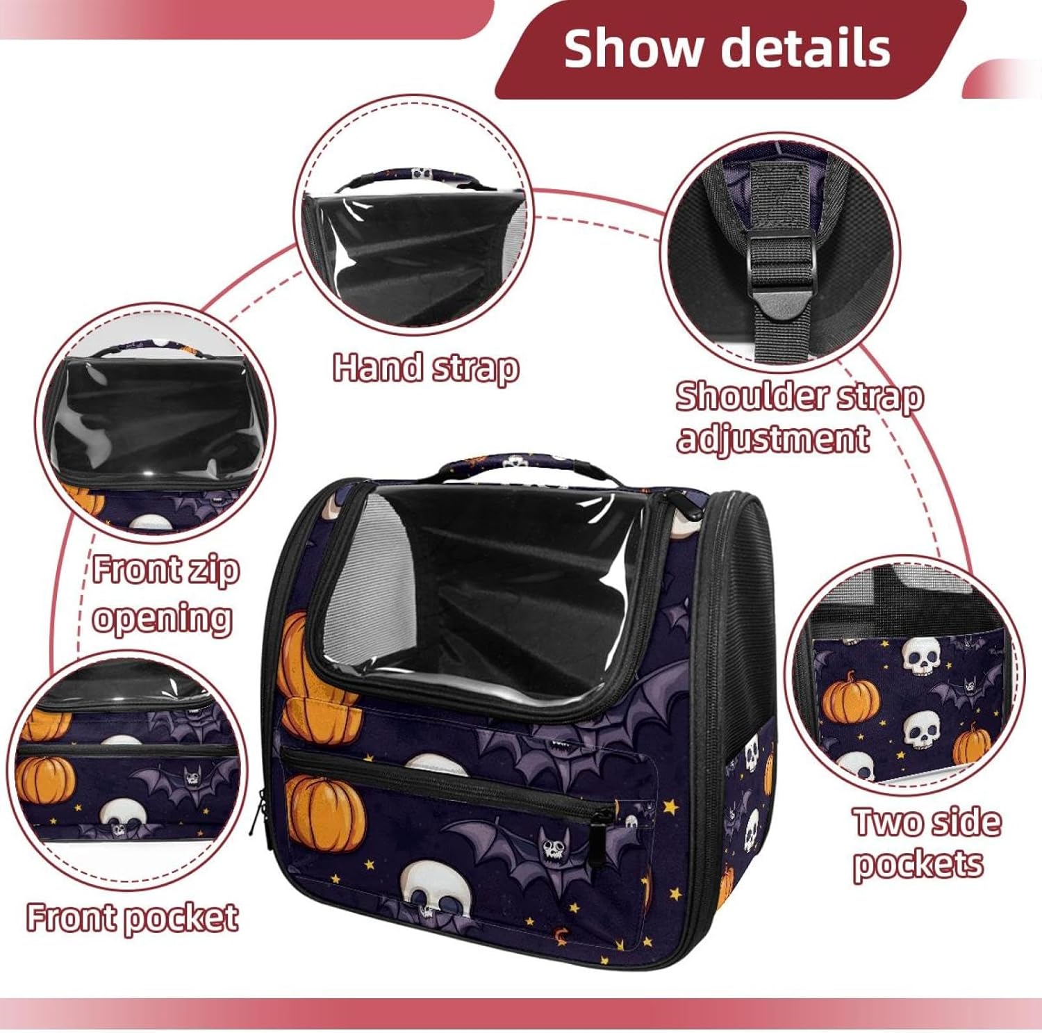 Portable Travel pet Backpack Carrier Hamster Bag Small Dog cat Carrier Breathable Hang Bag, Halloween Skulls Pumpkins Bats