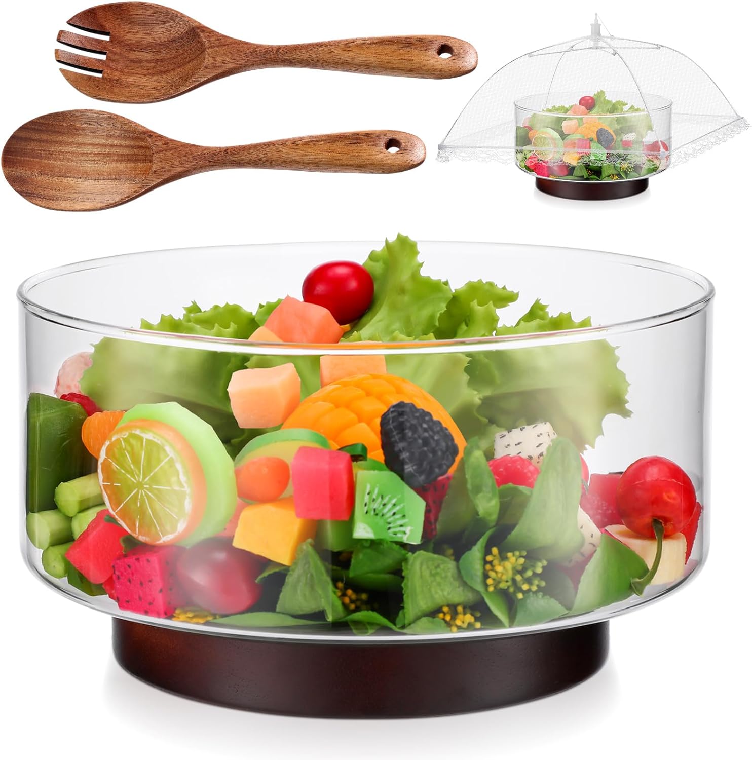 Lounsweer Extra Large Glass Salad Bowl Set, Party Salad Bowl with Wooden Base and Acacia Wood Tableware, Folding Grille, Oversized Hand-blown Glass Container Elegant and Practical Kitchen Supplies