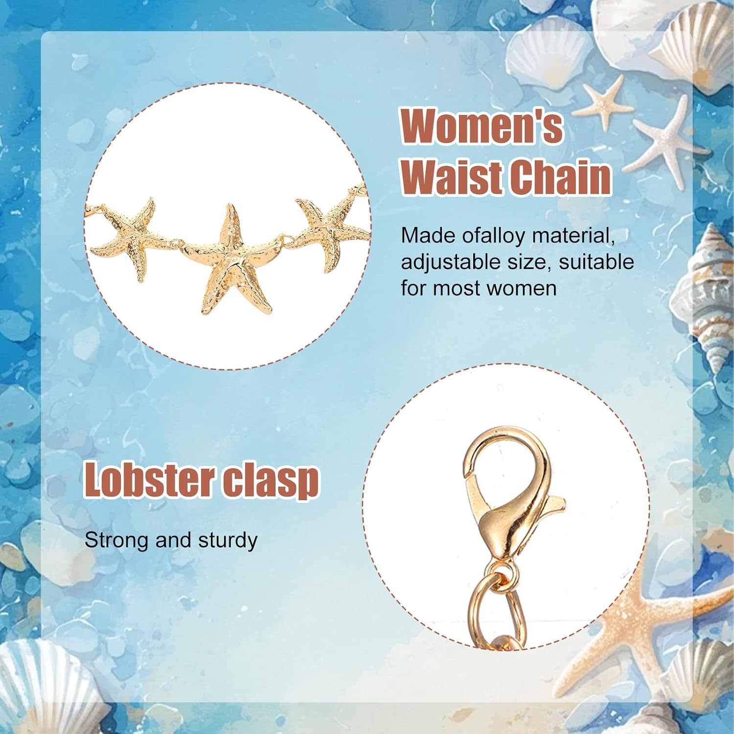 cobee Gold Starfish Waist Chain Belt for Women, Starfish Body Chain Shell Belly Chains Adjustable Bikini Link Waist Summer Beach Jewelry for Women