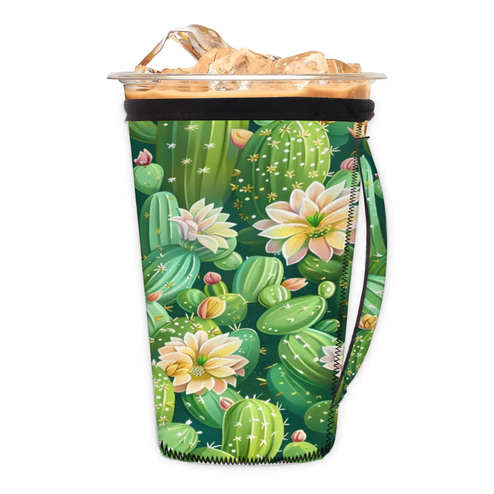 Beautiful Watercolor Cactus Reusable Neoprene Coffee Sleeve with Handle Insulated Iced Coffee Cup Holder Reduces Condensation Fits 24-28 oz Cups M