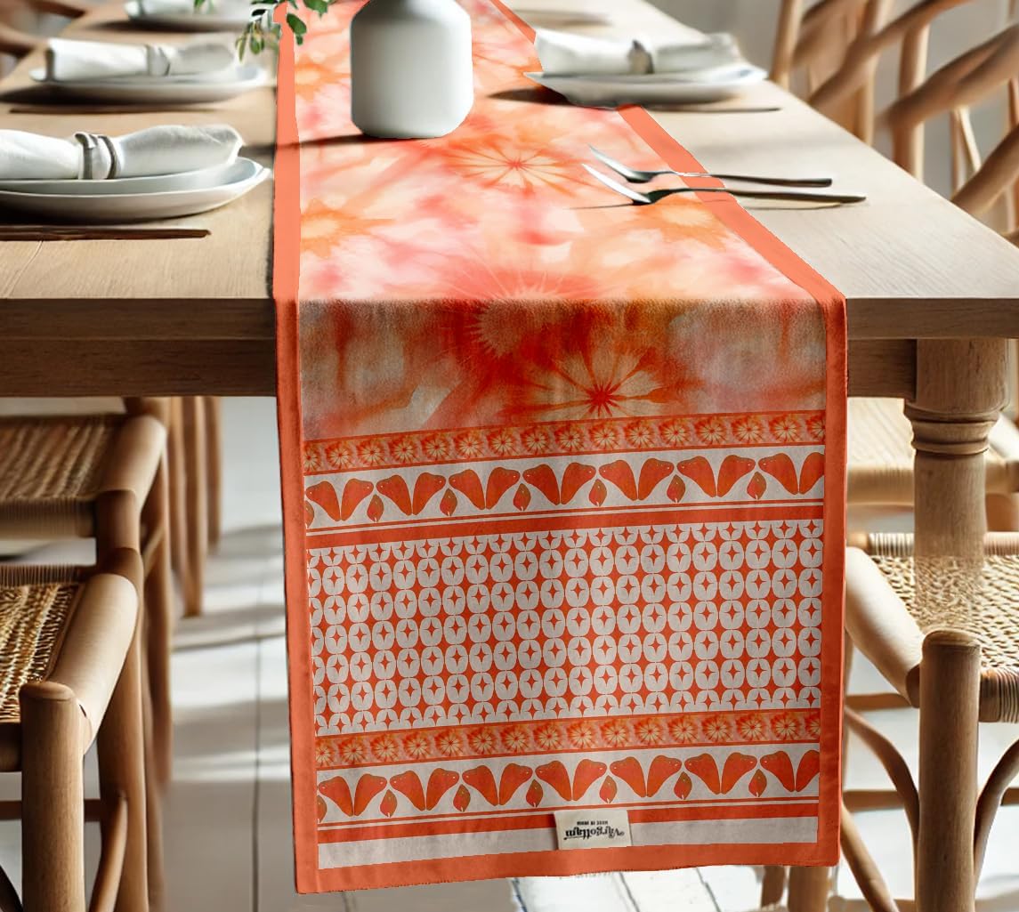 Premium Cotton Table Runner - Lightweight Double Layer - Border Design - Machine Washable Farmhouse Table Decor - Tie & Dye