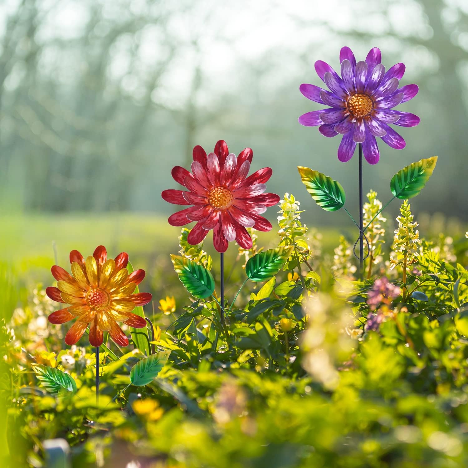 Topadorn Metal Flower Garden Stake Decor,Waterproof Metal Colorful Sunflower Daisy Stick for Yard,Patio Decoration,Set of 3 : Patio, Lawn & Garden