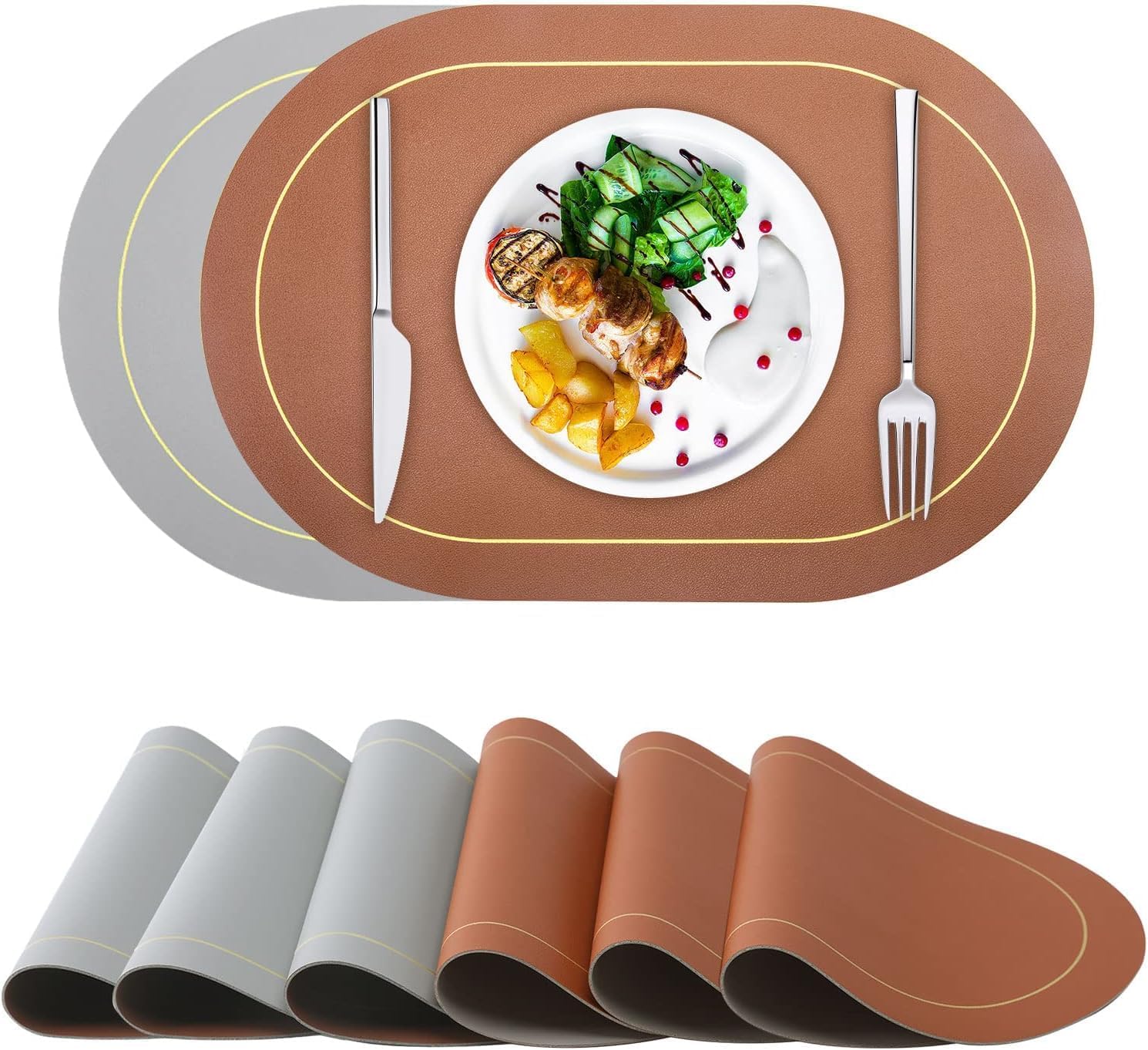 Faux Leather Placemats - Waterproof Table Mats Double - Sided Color Oval, Washable Heat Resistant Indoor Outdoor Home Decor Placemats for Kitchen Dining Table (Yellow+Gray 6pcs)