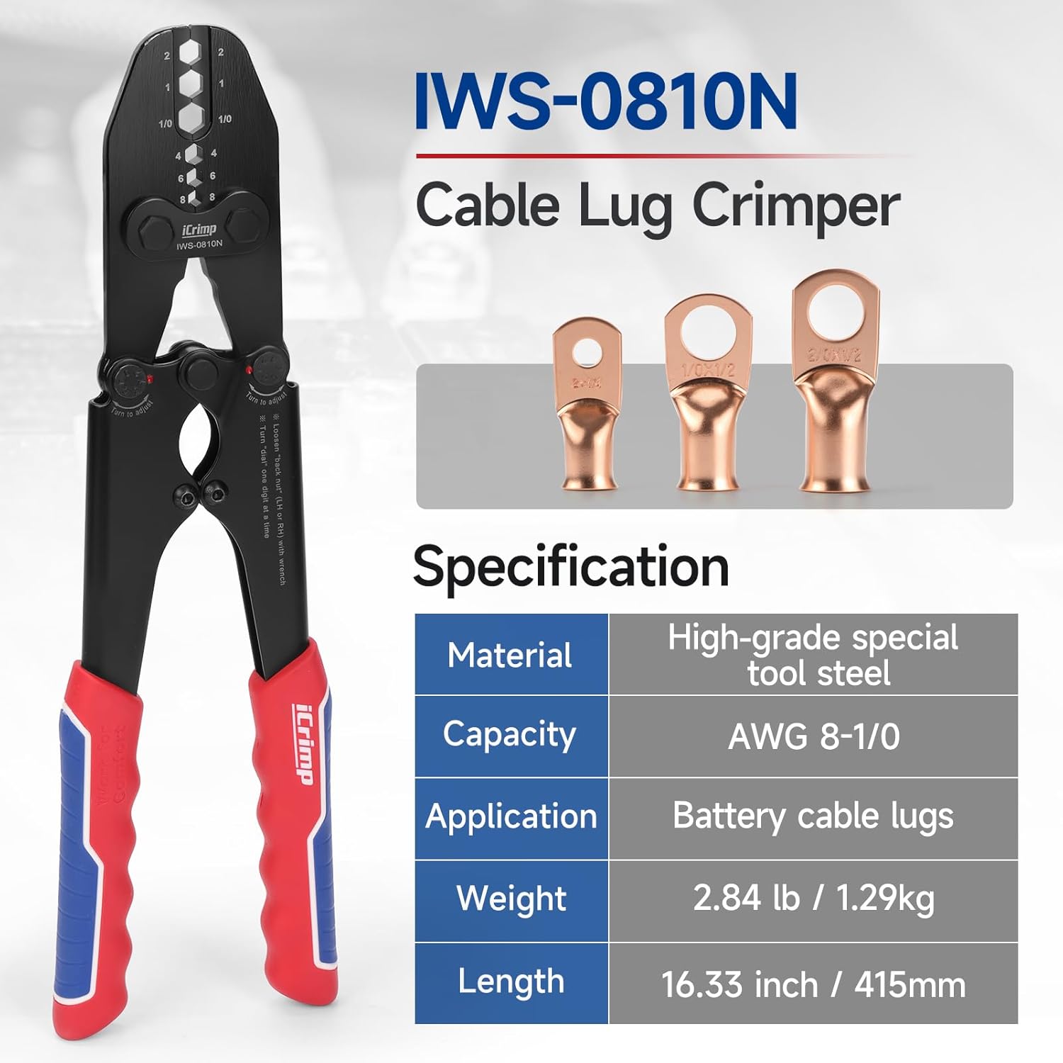 iCrimp Battery Cable Lug Crimping Tool for AWG 8-1/0 Copper Battery Lugs, Heavy-Duty Wire Ends