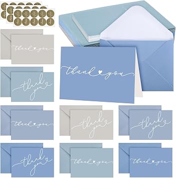 Supervitae 30 Pack Thank You Cards with Envelopes 3.5 x 5, Blue Tones