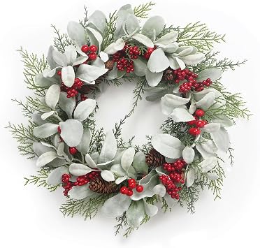 19 Christmas Wreaths for Front Door, Aesthete Lambs Ear Wreath with Red Berries Pinecone Decor for Indoor Outdoor Christmas New Year Gift