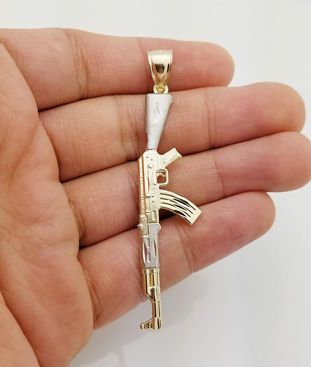 10k Yellow Gold AK 47 Pendant Gold Rifle Necklace Pendant Vertical Two Tone Charm