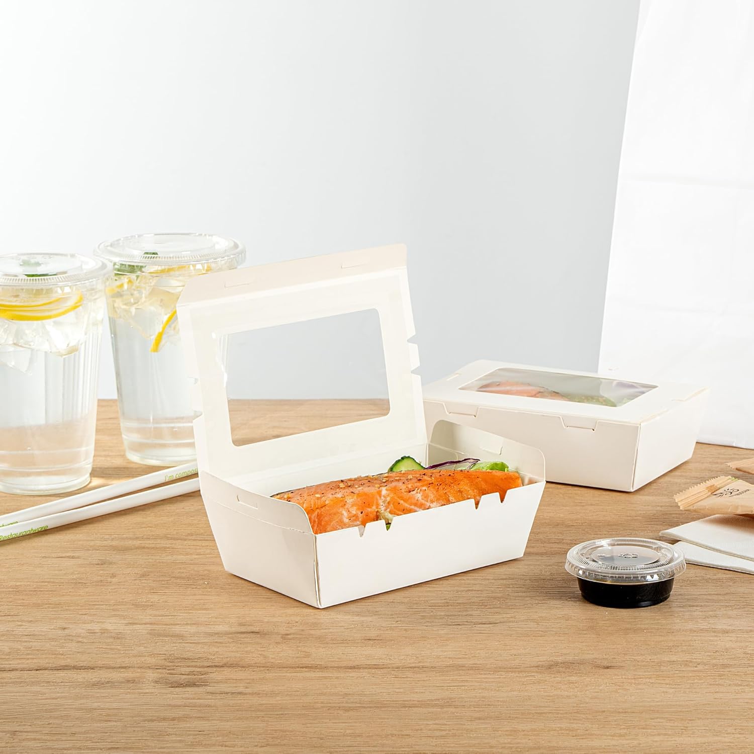 Restaurantware Cafe Vision 21 Ounce Disposable To Go Boxes 200 Paper Boxes For Food - Hinge Lock Grease-Impervious White Paper Take Out Food Containers With Window For Lunch Or Desserts