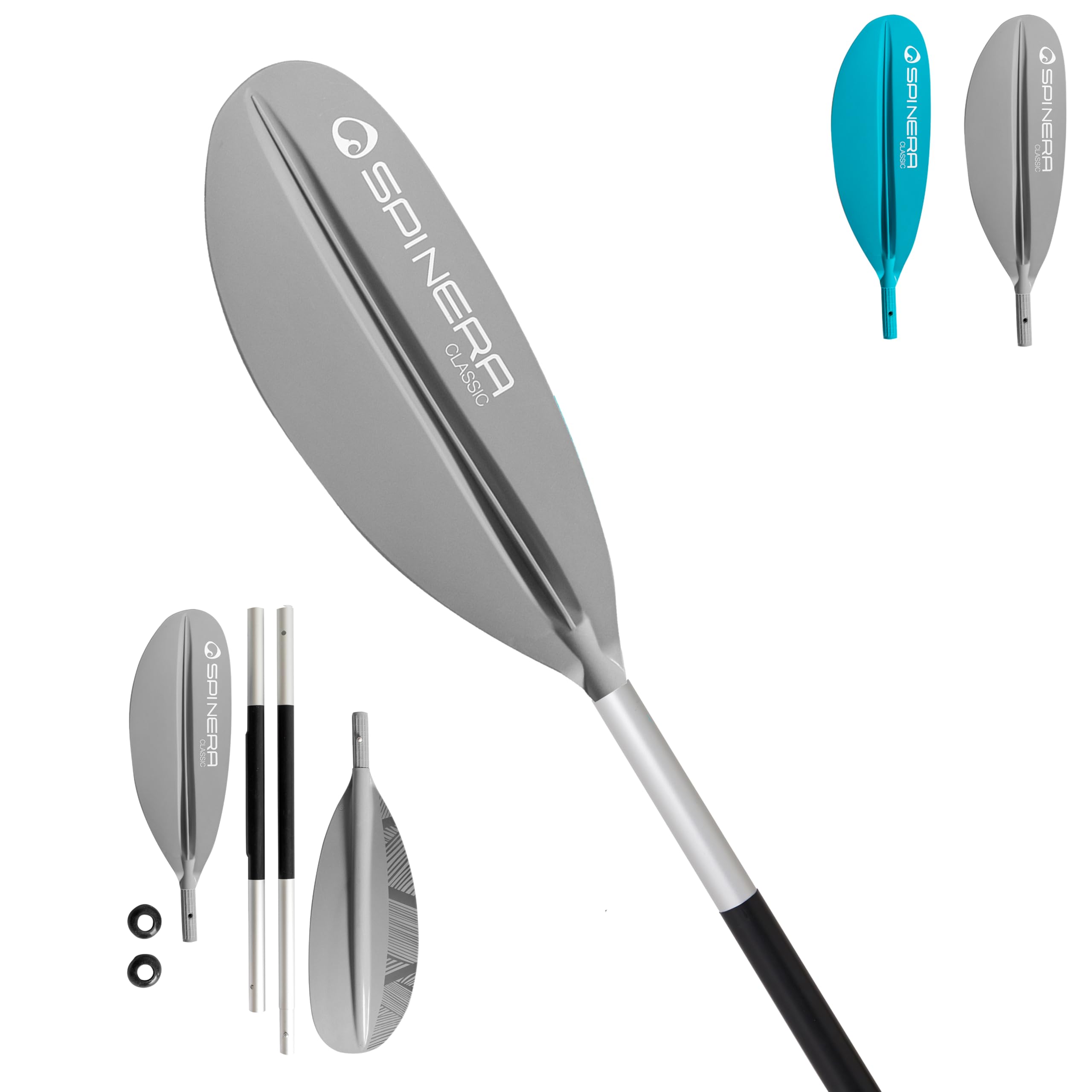 SPINERA Kajak Paddel Classic 240cm – 4-teilig, Aluminium Schaft, PP+40% FG Schlagblatt, zerlegbar & leicht – für Einsteiger & Fortgeschrittene– Farbe Grey – Robustes Allround Paddle
