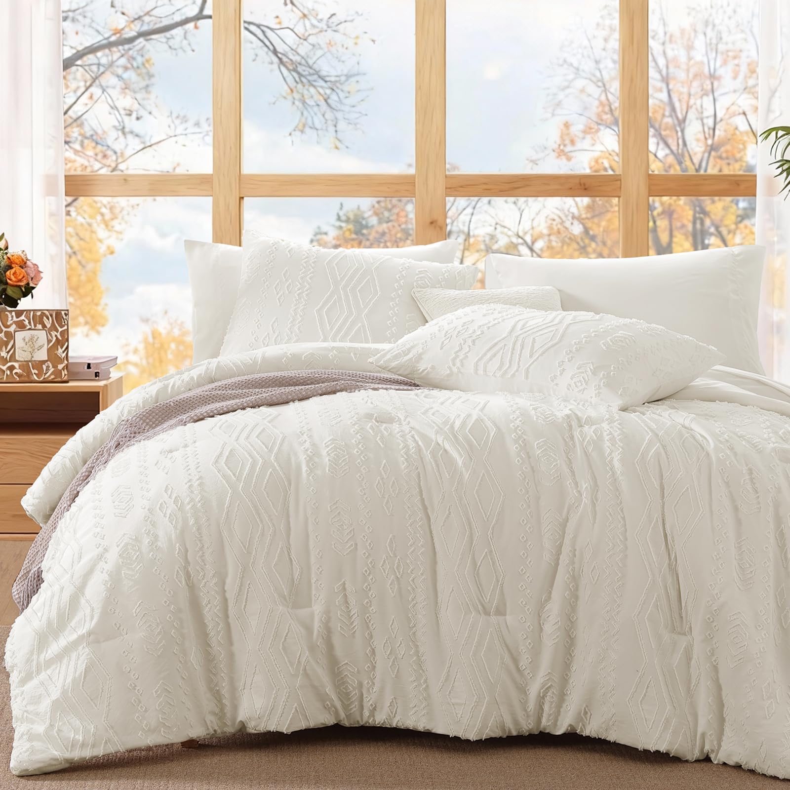 WRENSONGE Queen Size Comforter Set with Sheets - 7 Pieces White Tufted Bed in a Bag Queen Shabby Chic Bedding Sets with 1 Comforter, 2 Sheets, 2 Pillowcases & 2 Shams