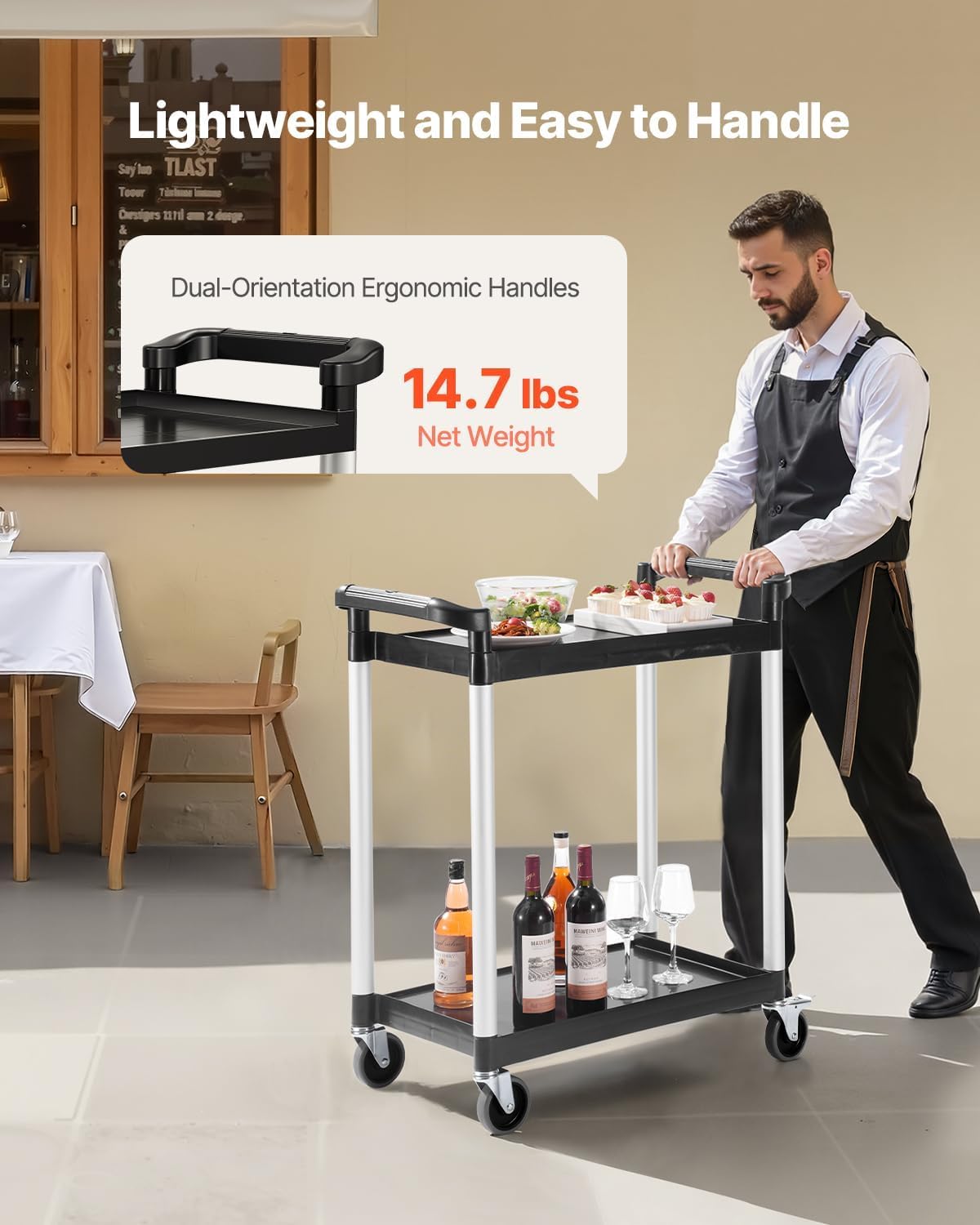 VEVOR Carrello Portavivande, Capacità di Carico 136 kg Carrello per Servizi Alimentari in Plastica a 2 Livelli da 620 x 410 mm con Ruote Girevoli 360° per Magazzino, Ufficio, Casa, Ristorante, Cucina