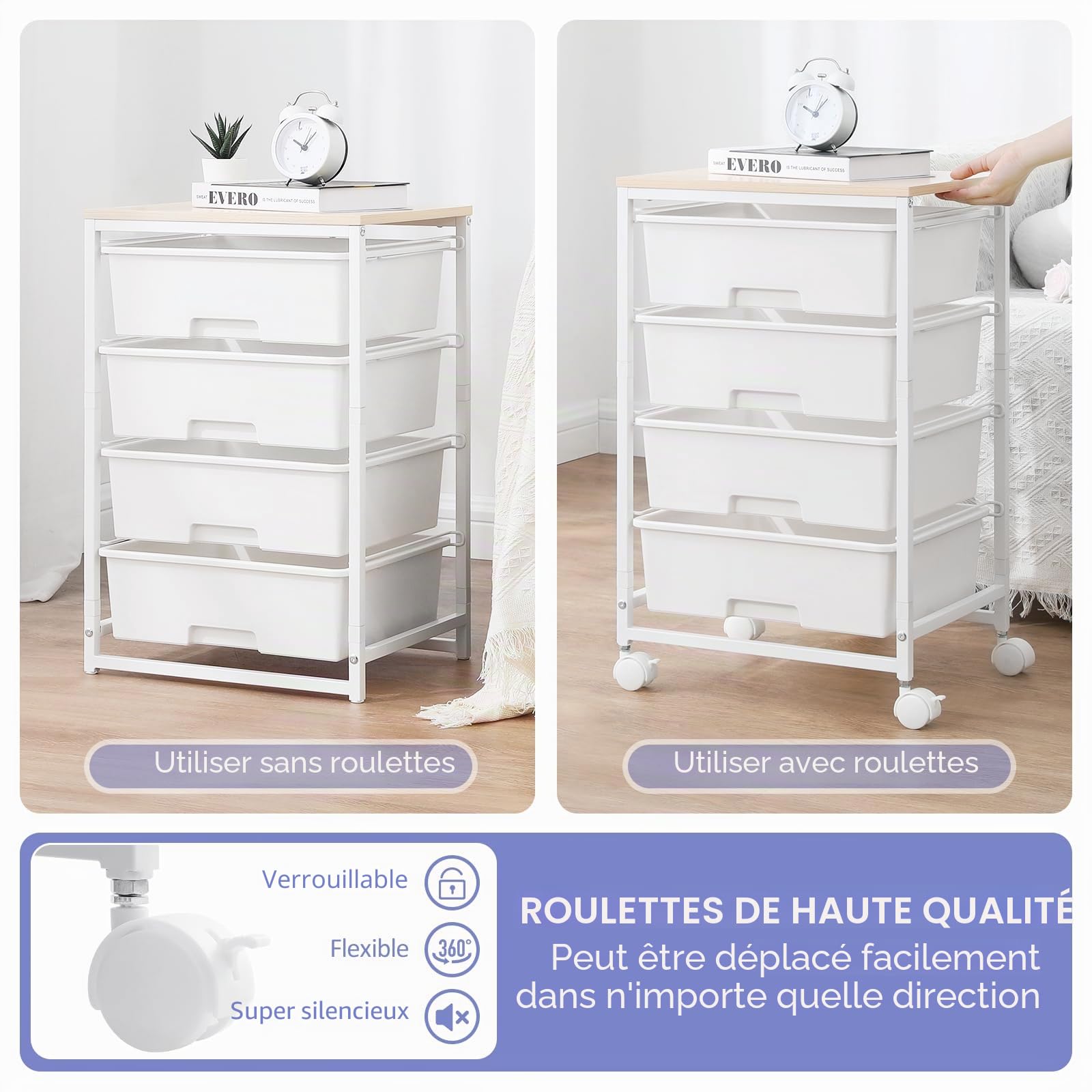 SYKIARIOL Chariot de rangement à 4 tiroirs sur roulettes avec plateau de table en bois, pour cuisine, salon, chambre à coucher, mouvement facile, grande capacité, 4 tiroirs, blanc