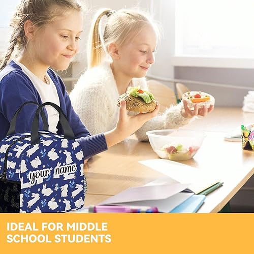 Miniatura 10 de Lonchera de conejo para niños, pequeña bolsa de almuerzo aislada, bonita lonchera reutilizable para niñas, bolsas de almuerzo congelables blancas