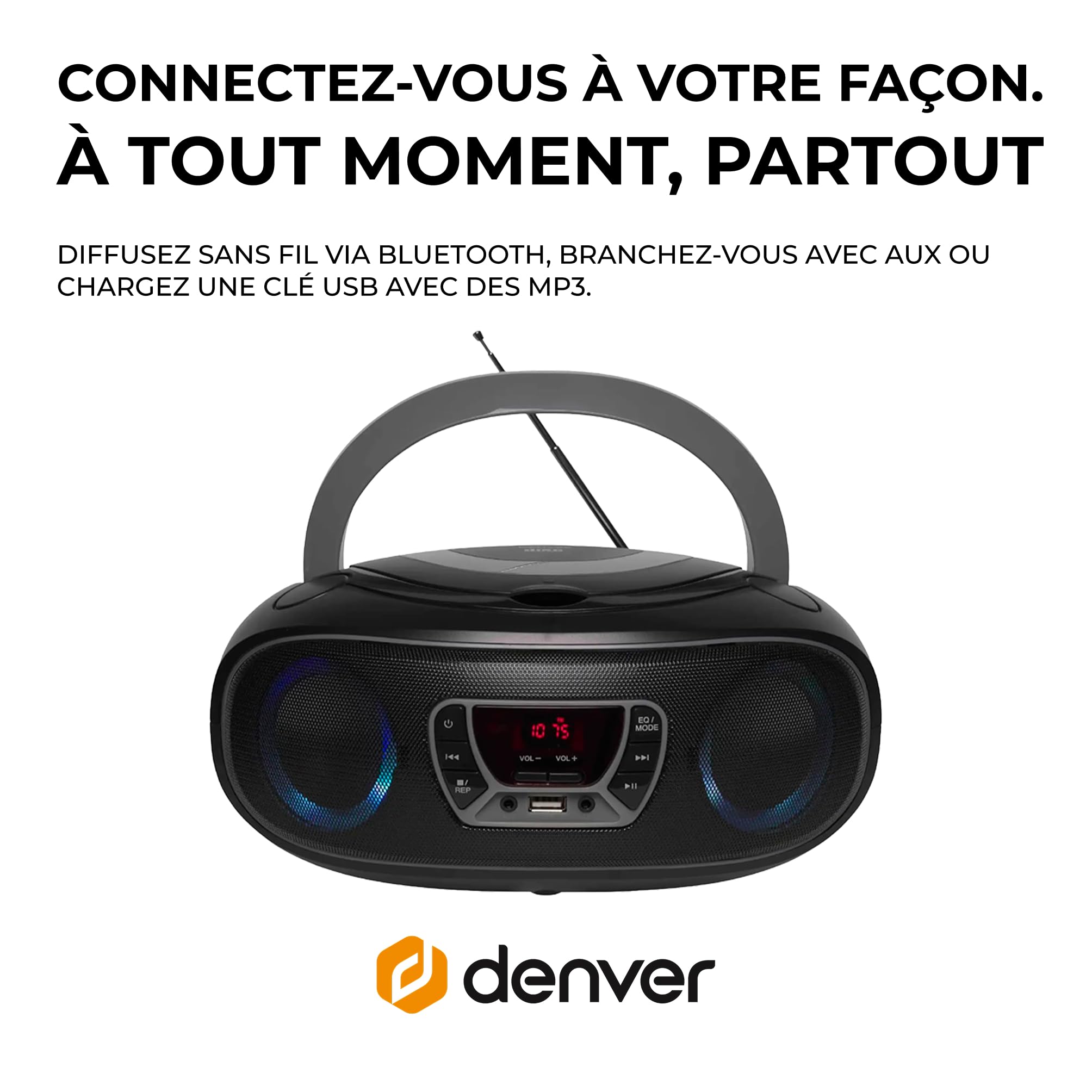 Denver TCL-212BTGR Boombox CD Bluetooth Radio FM USB MP3 AUX Gris
