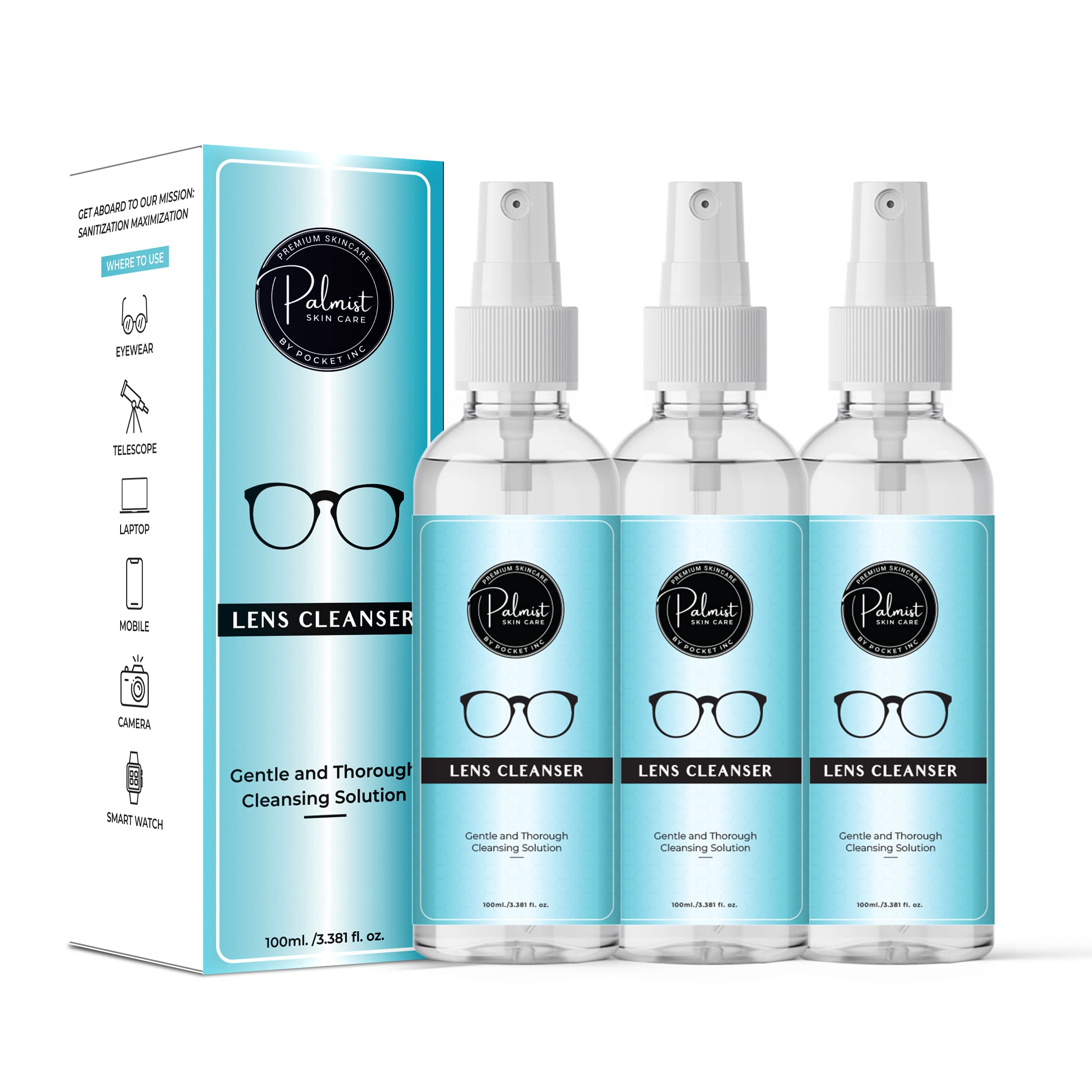 Palmist Lens Cleaner for Spectacles | Liquid Spray for DSLR Cameras | For Contact Lenses, Eye Glasses | Laptop screens | Cell Phones Screens | For Easy glass Cleaning 100ml Each ( Pack of 3 * 100 ml )