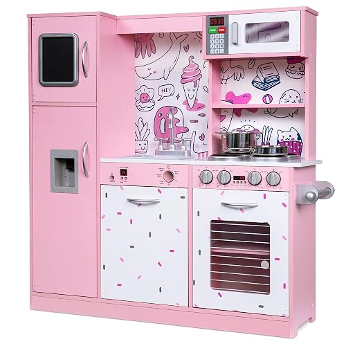 Lil' Jumbl Kids Kitchen Set, Pretend Wooden Play Kitchen, Battery Operated Icemaker & Microwave with Realistic Sound, Pots & Pan Included - Pink - Regular - Pink 2