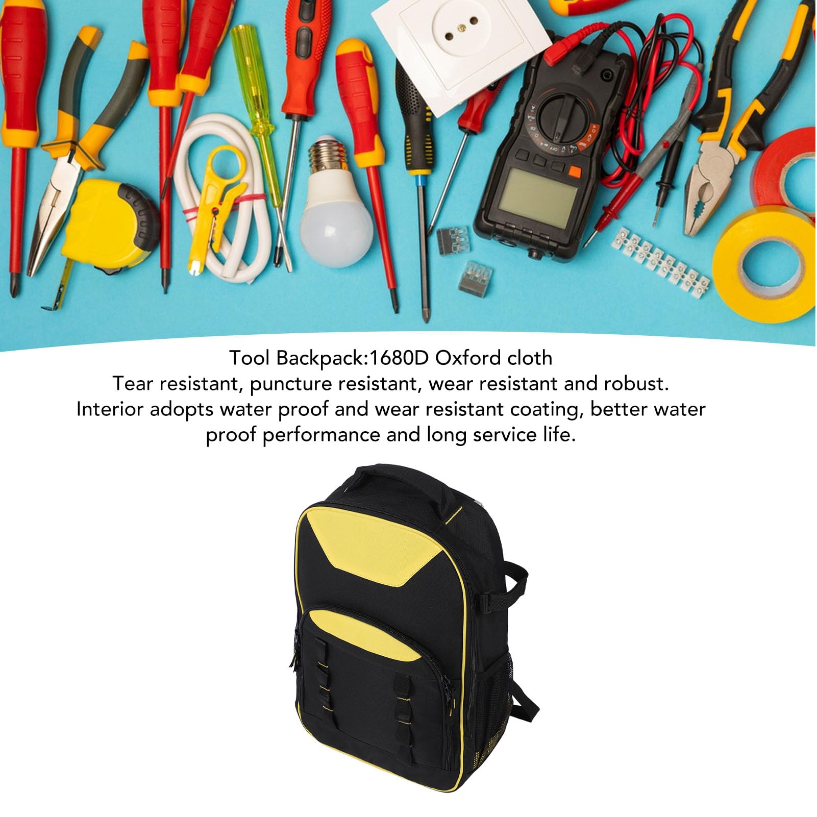 Demeras Mochila para Herramientas, Tela Oxford Impermeable, Base Resistente para Electricistas y Contratistas, Material Resistente 1680D