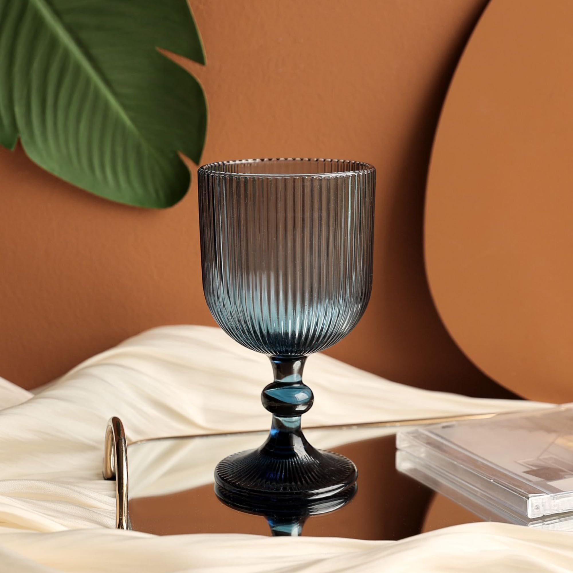 Juego de 6 vasos acanalados y copas de vino, línea estriada, cristal acanalado, vasos de cóctel con relieve, copas de vino, copas de agua (copa de vino azul)