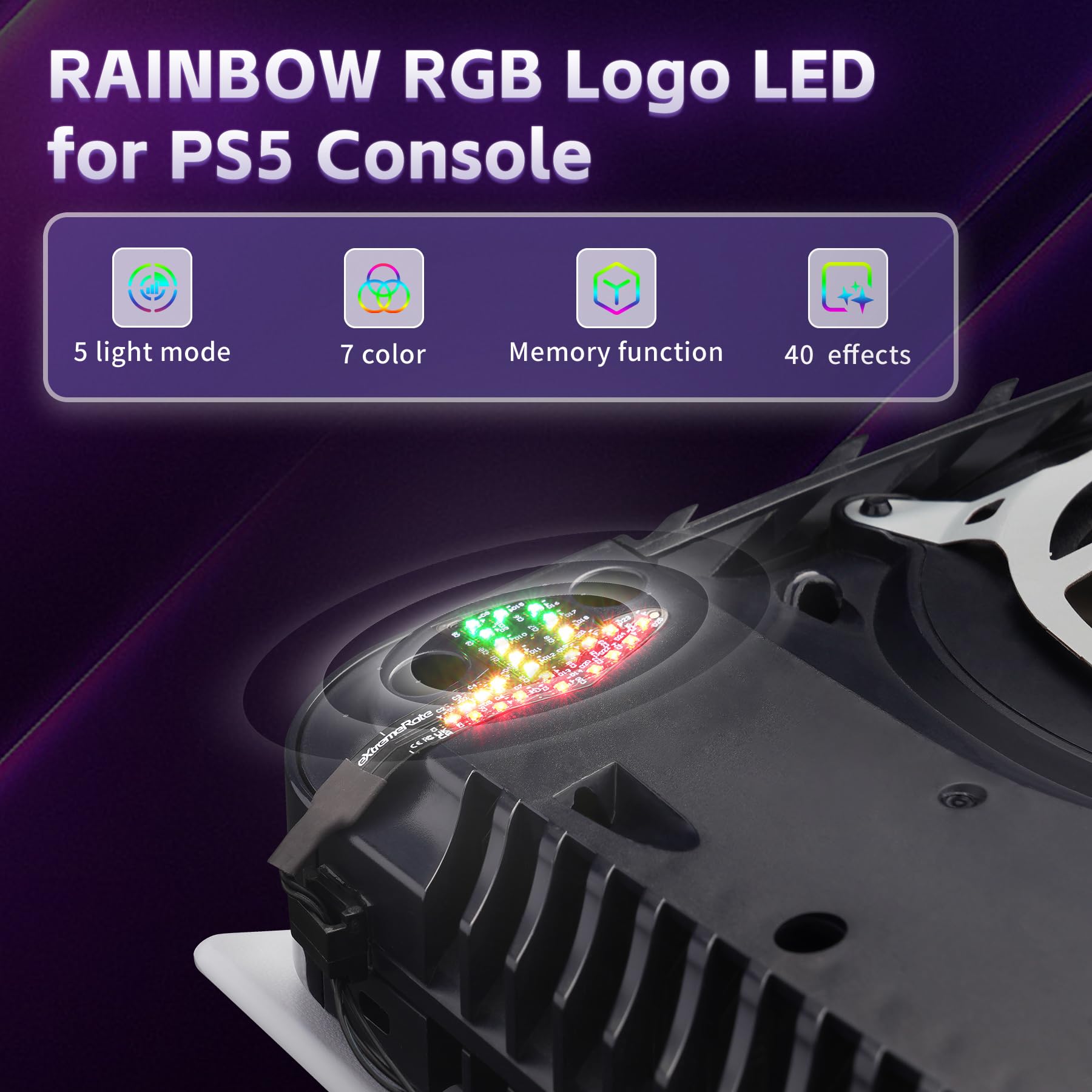 eXtremeRate RGB Rainbow Logo LED Kit für ps5 Konsole (2020 CFI-1 Series), 7 Farben 40 Lichteffekt Logo-LED Beleuchtung Kabel Zubehör für ps5 Disc & Digital Console