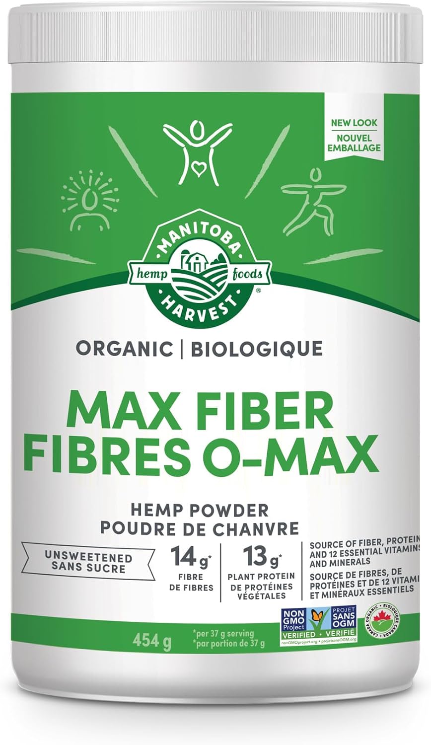 Manitoba Harvest Hemp Yeah! Organic Max Fibre Protein Powder, Unsweetened, 454g; with 13g of Fibre, 13g Protein and 2.5g Omegas 3&6 per Serving, Preservative Free, Non-GMO | 13 g of Fibre, 13 g Protein and 2.5 g Omegas 3 and 6 per 33 g Serving, Preservative-Free, Non-GMO