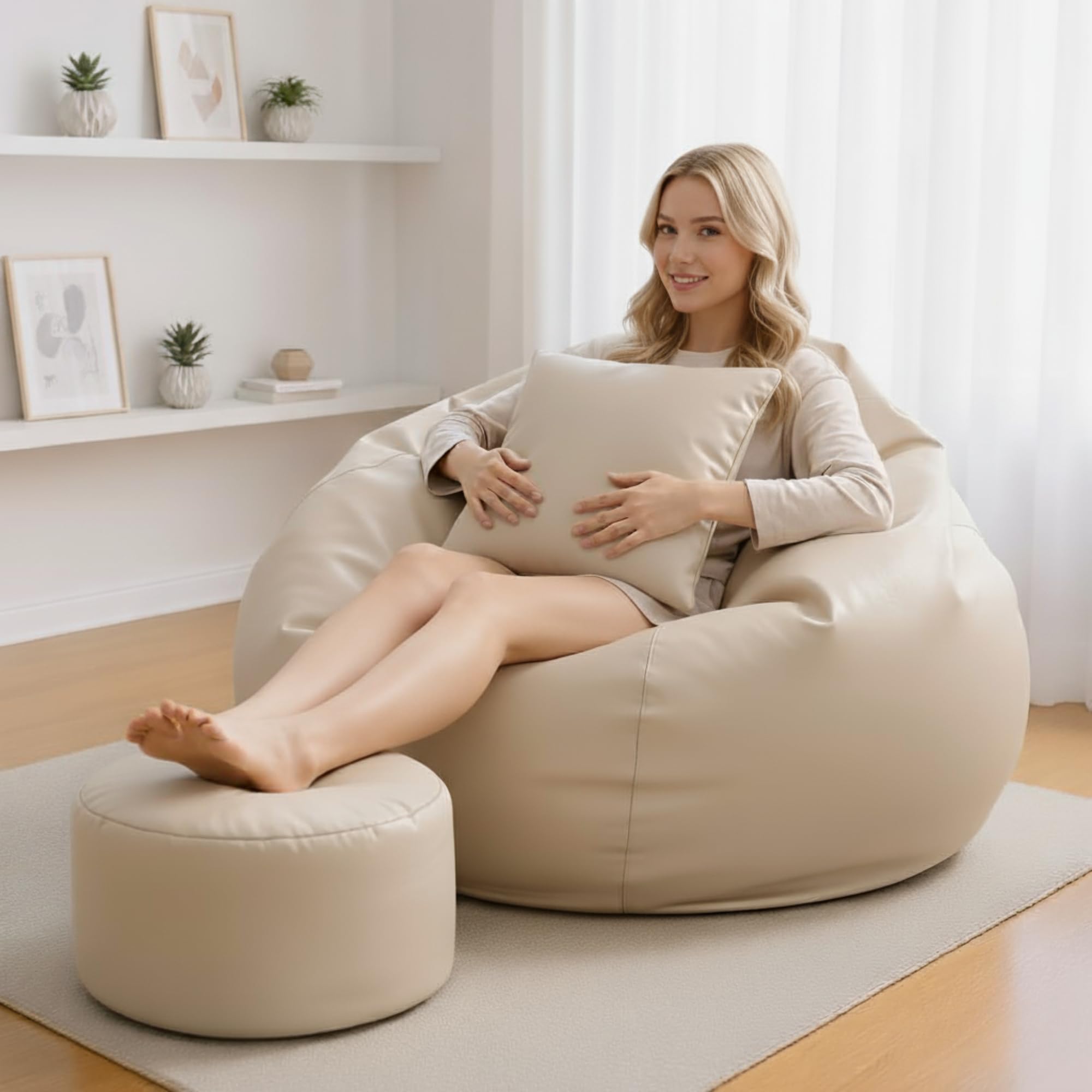 Biggie Bean Bag 7XL Bean Bag Chair with Beans Filled - The Classics Bean Bag Sofa - Combo Set-Styled for Elegance with Free Cushion & Footrest (Matching Color : Yxuri Cream)