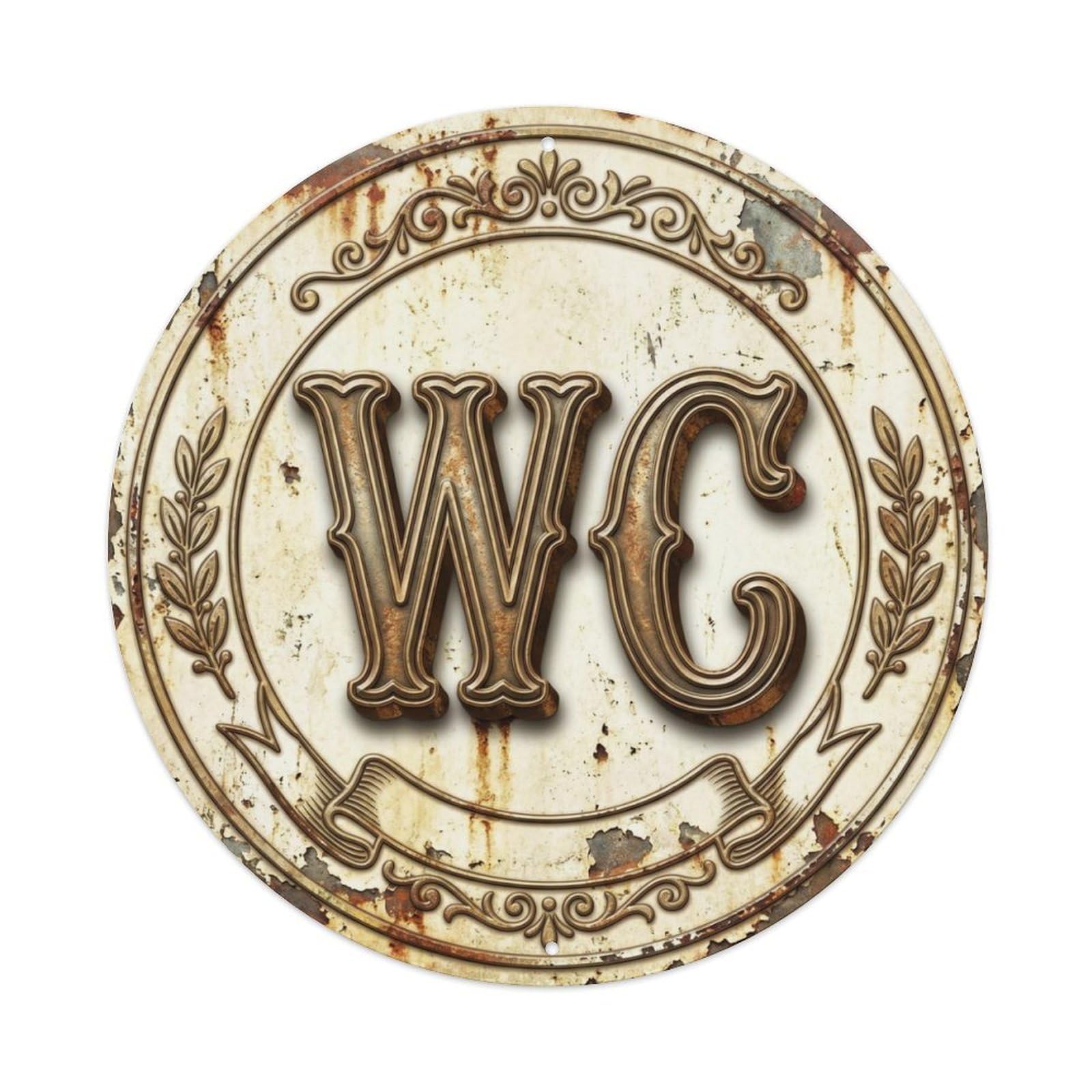 Fqcyn Style Toilet （Wc） Weathered Vintage Restroom Emblem Metal Tin Sign Plaque Wall Decor For Cafe, Club Bar, Office, Home Garden Round Metal Poster 8X8inch