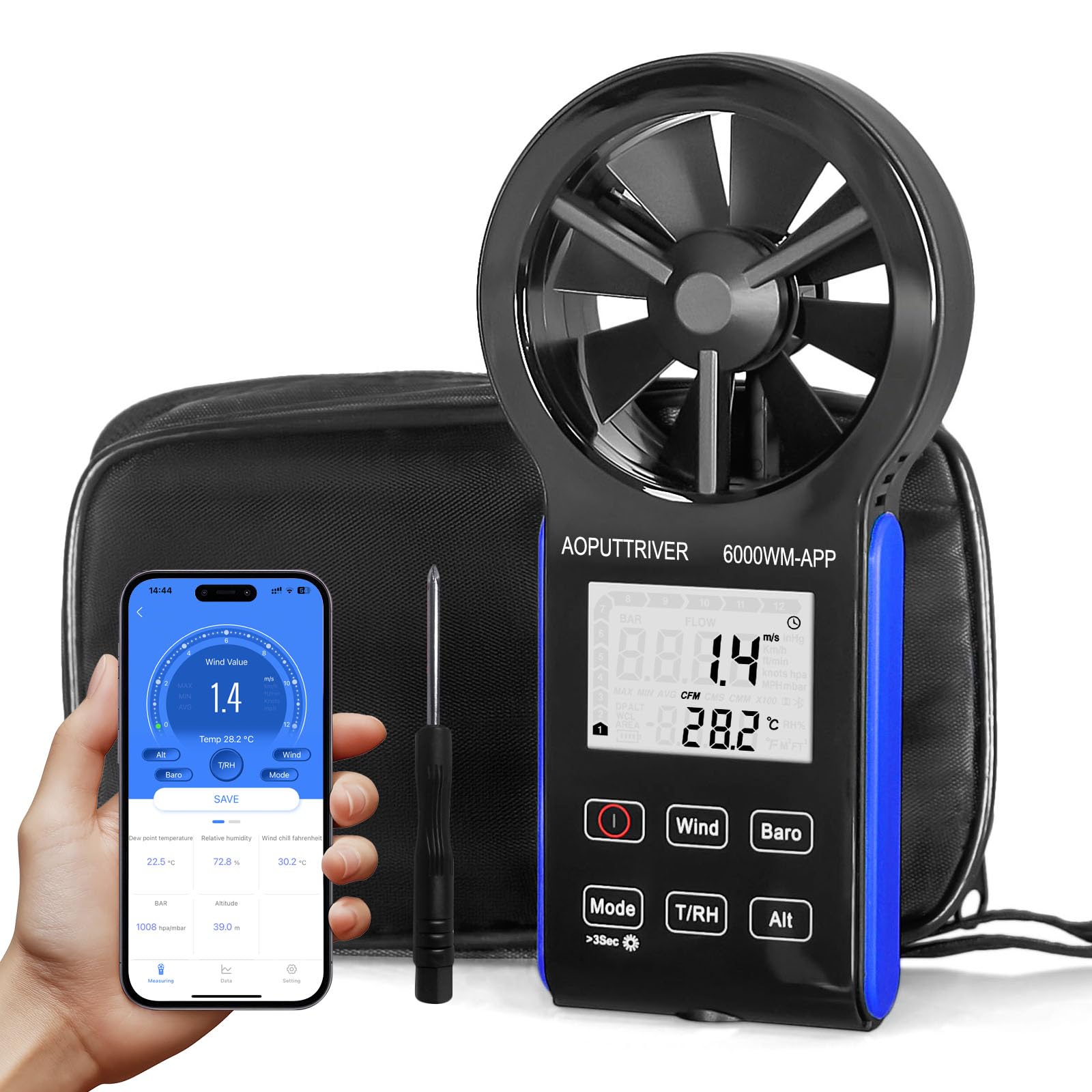 6000WM-APP - Anemometro digitale portatile, anemometro CFM, con temperatura (°C/°F), 5 unità, velocità del vento, volume d'aria e misurazione della temperatura per HVAC, Marine