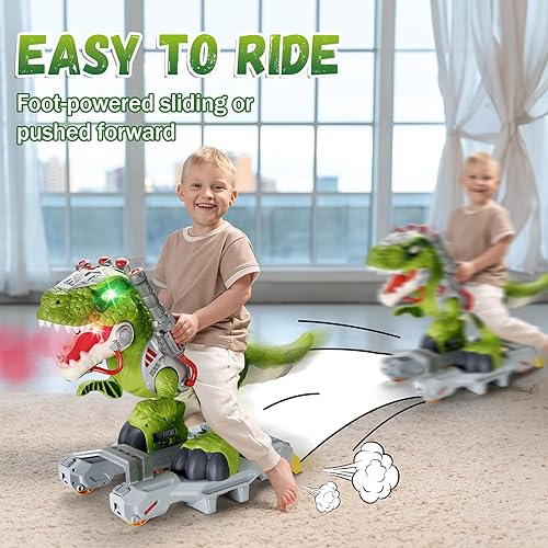 Vista 6 de Coches de juguete de dinosaurio para niños, juguetes eléctricos con música, luz y humo, regalo para niños de 3 a 5 años, scooter para niños