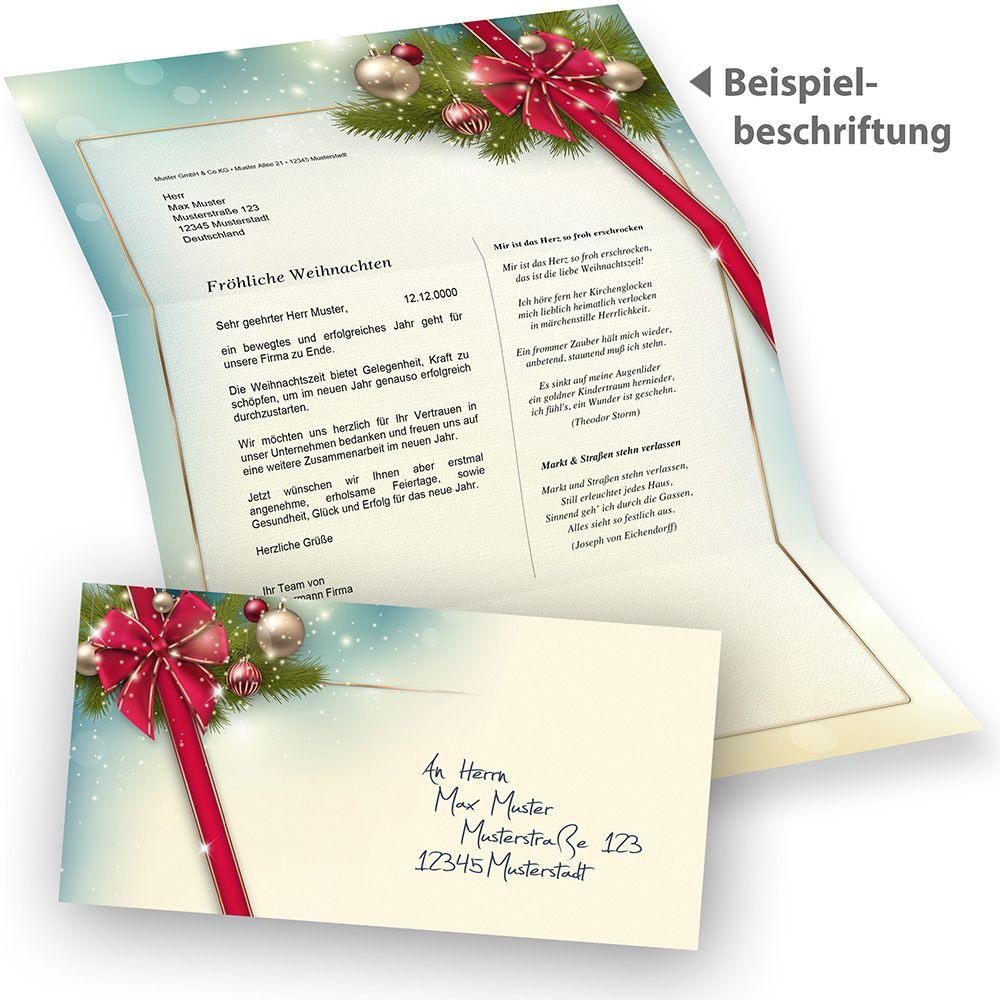 Briefpapier Weihnachten Set ROTE SCHLEIFE (250 Sets ohne Fenster) Weihnachtsbriefpapier mit Umschlag