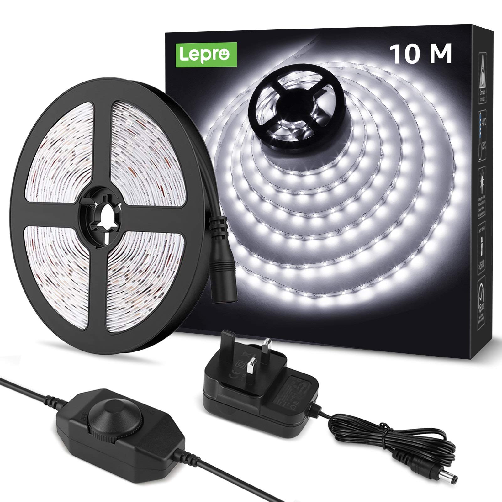 Lepro 10M LED Strip Lights, Cool White 6000K Daylight, 600 LEDs, 1800lm